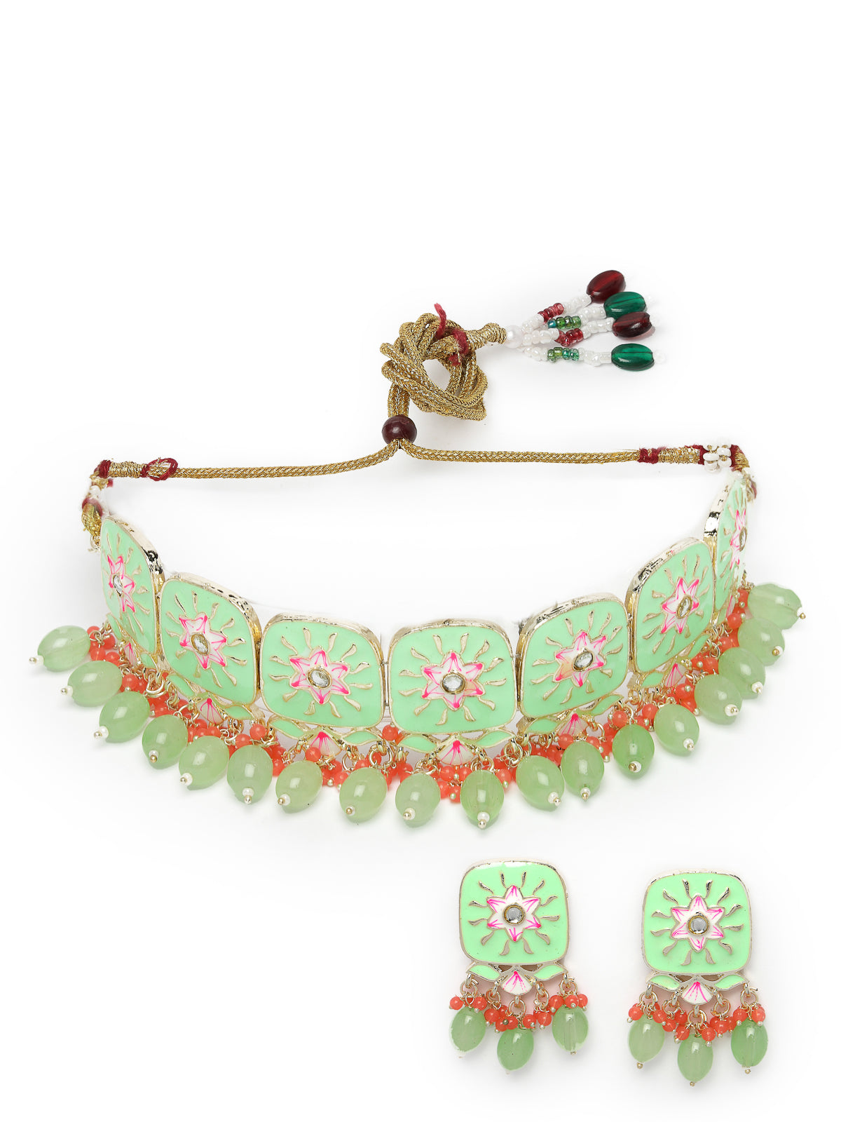 Studio Sukkhi Geometric Gold Plated Mint Green & Red Beads Cluster Drops Kundan Choker Necklace Earring Set For Women NS105805