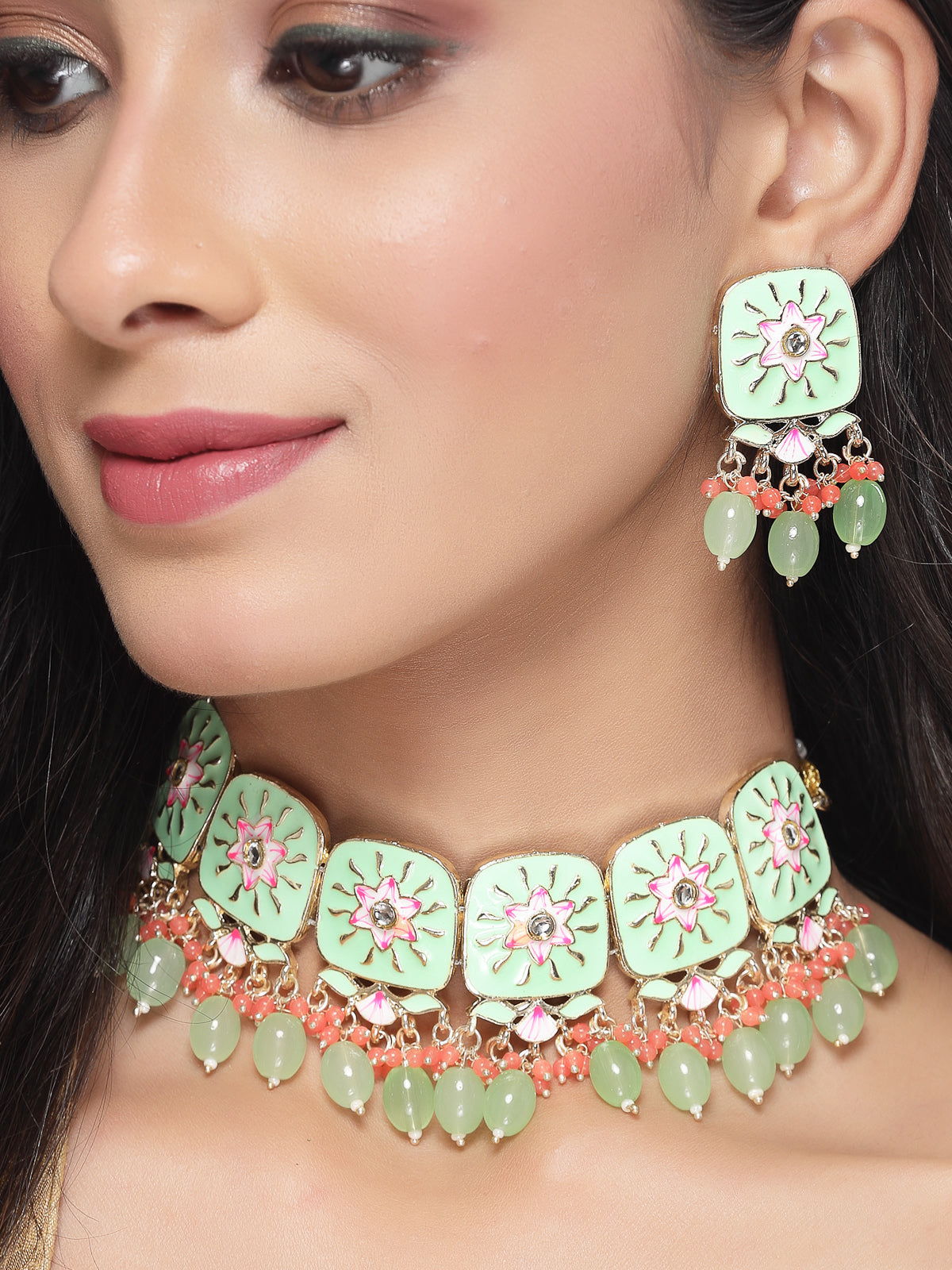 Studio Sukkhi Geometric Gold Plated Mint Green & Red Beads Cluster Drops Kundan Choker Necklace Earring Set For Women NS105805