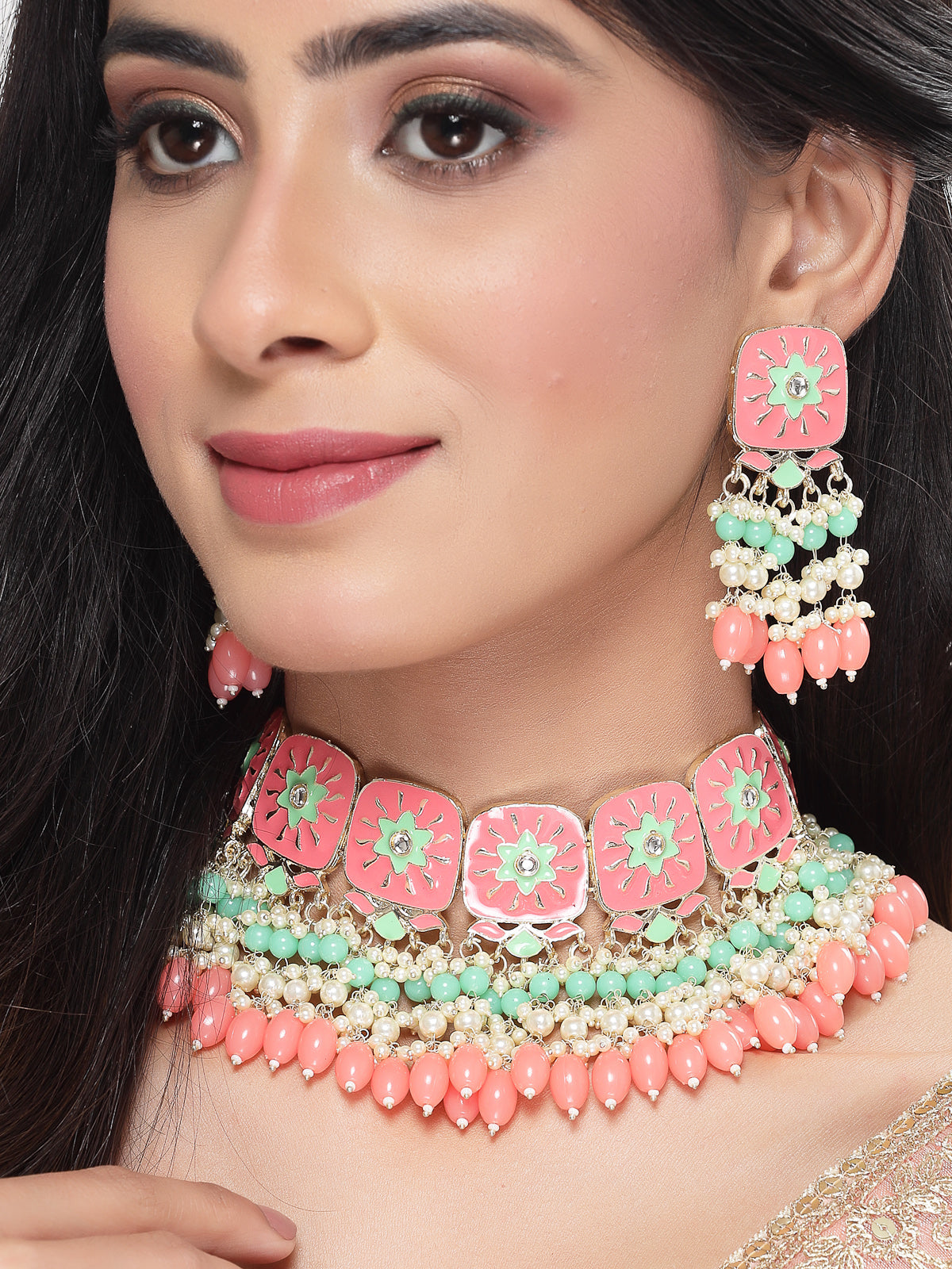 Studio Sukkhi Aesthetic Gold Plated Pink & Mint Green Enamel Choker Necklace Set For Women NS105806