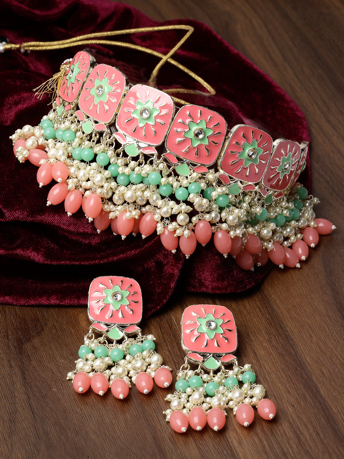 Studio Sukkhi Aesthetic Gold Plated Pink & Mint Green Enamel Choker Necklace Set For Women NS105806