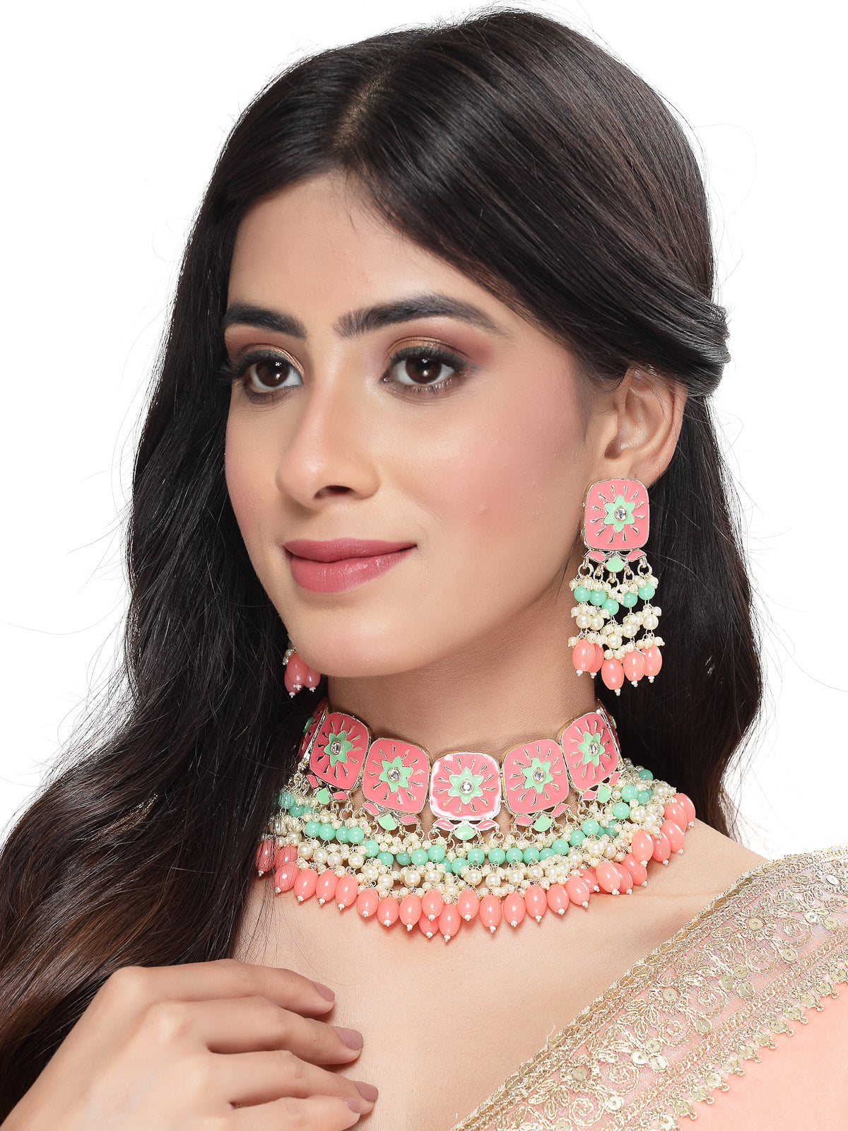 Studio Sukkhi Aesthetic Gold Plated Pink & Mint Green Enamel Choker Necklace Set For Women NS105806