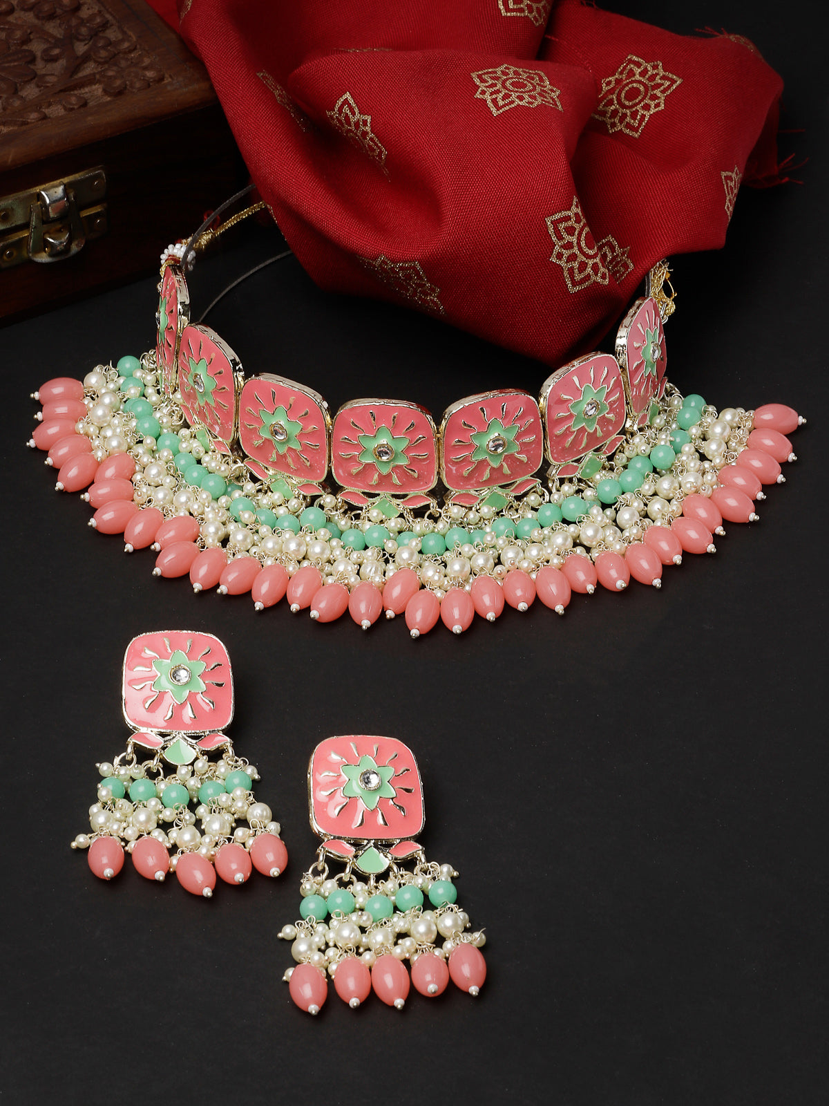 Studio Sukkhi Aesthetic Gold Plated Pink & Mint Green Enamel Choker Necklace Set For Women NS105806