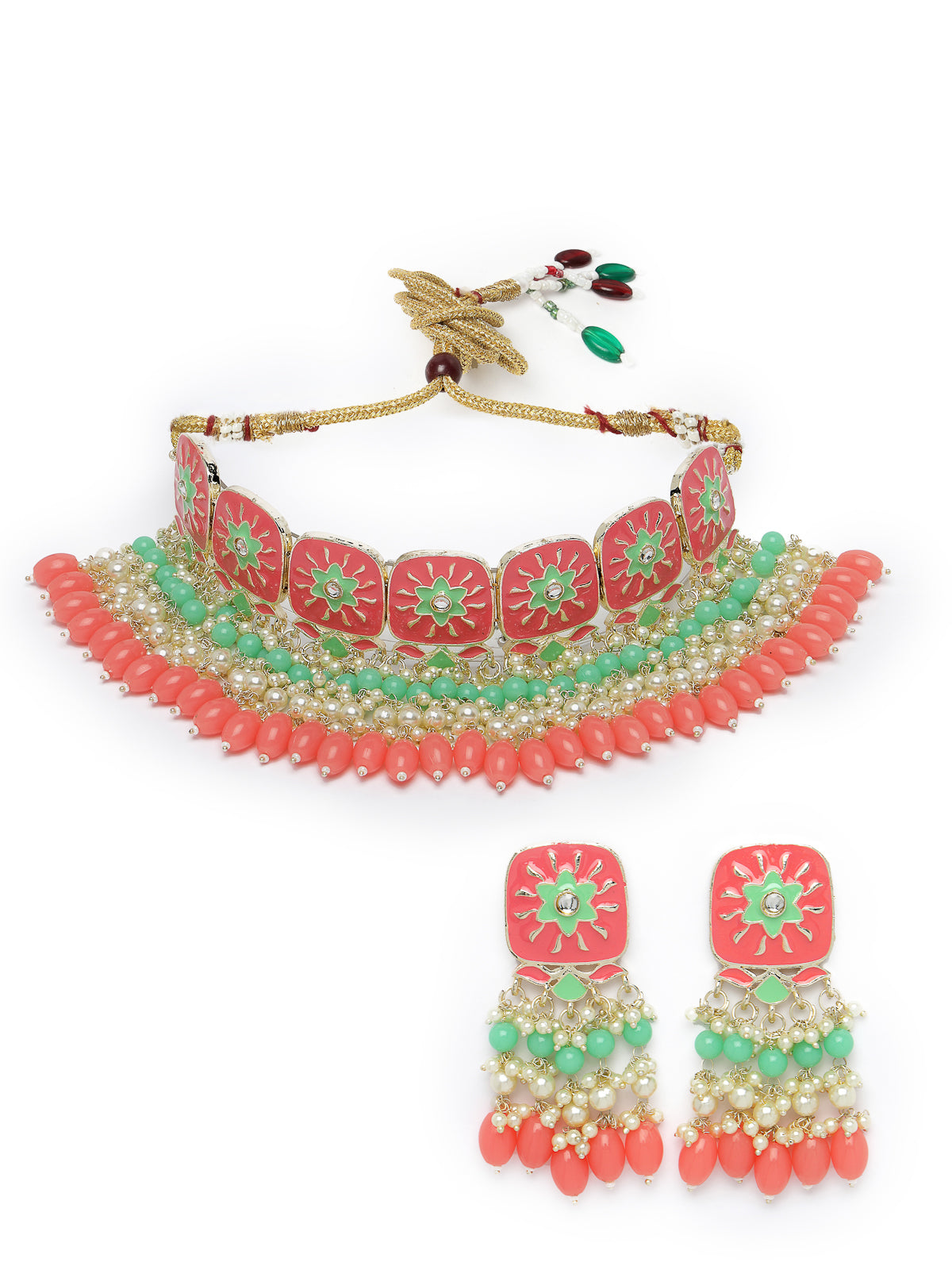 Studio Sukkhi Aesthetic Gold Plated Pink & Mint Green Enamel Choker Necklace Set For Women NS105806