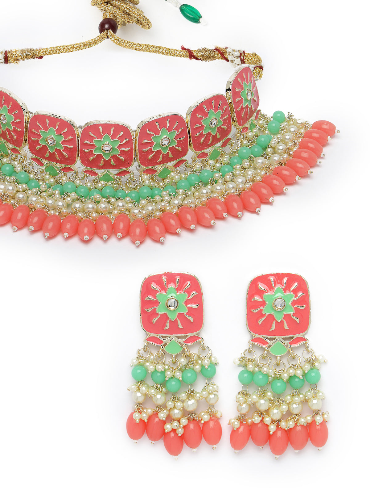 Studio Sukkhi Aesthetic Gold Plated Pink & Mint Green Enamel Choker Necklace Set For Women NS105806