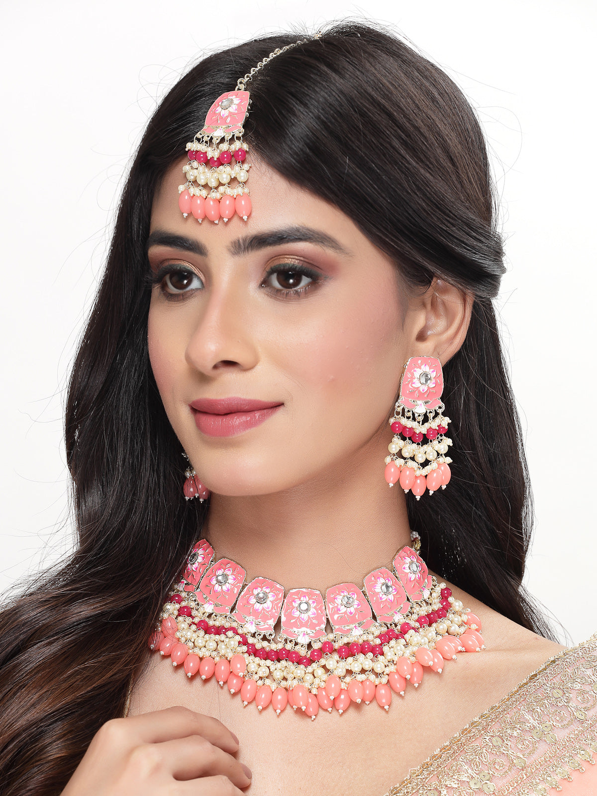 Studio Sukkhi Pleasing Gold Plated Pink & Peach Enamel Choker Necklace Set For Women NS105807