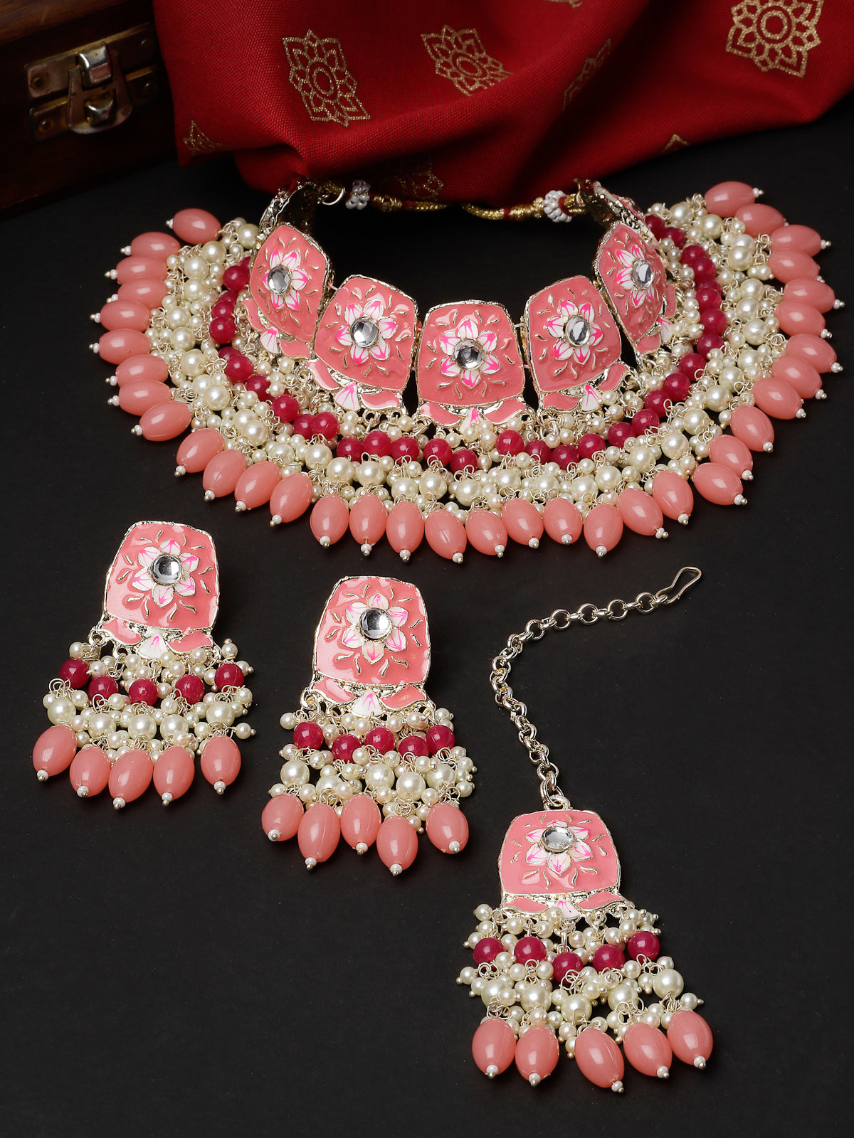 Studio Sukkhi Pleasing Gold Plated Pink & Peach Enamel Choker Necklace Set For Women NS105807