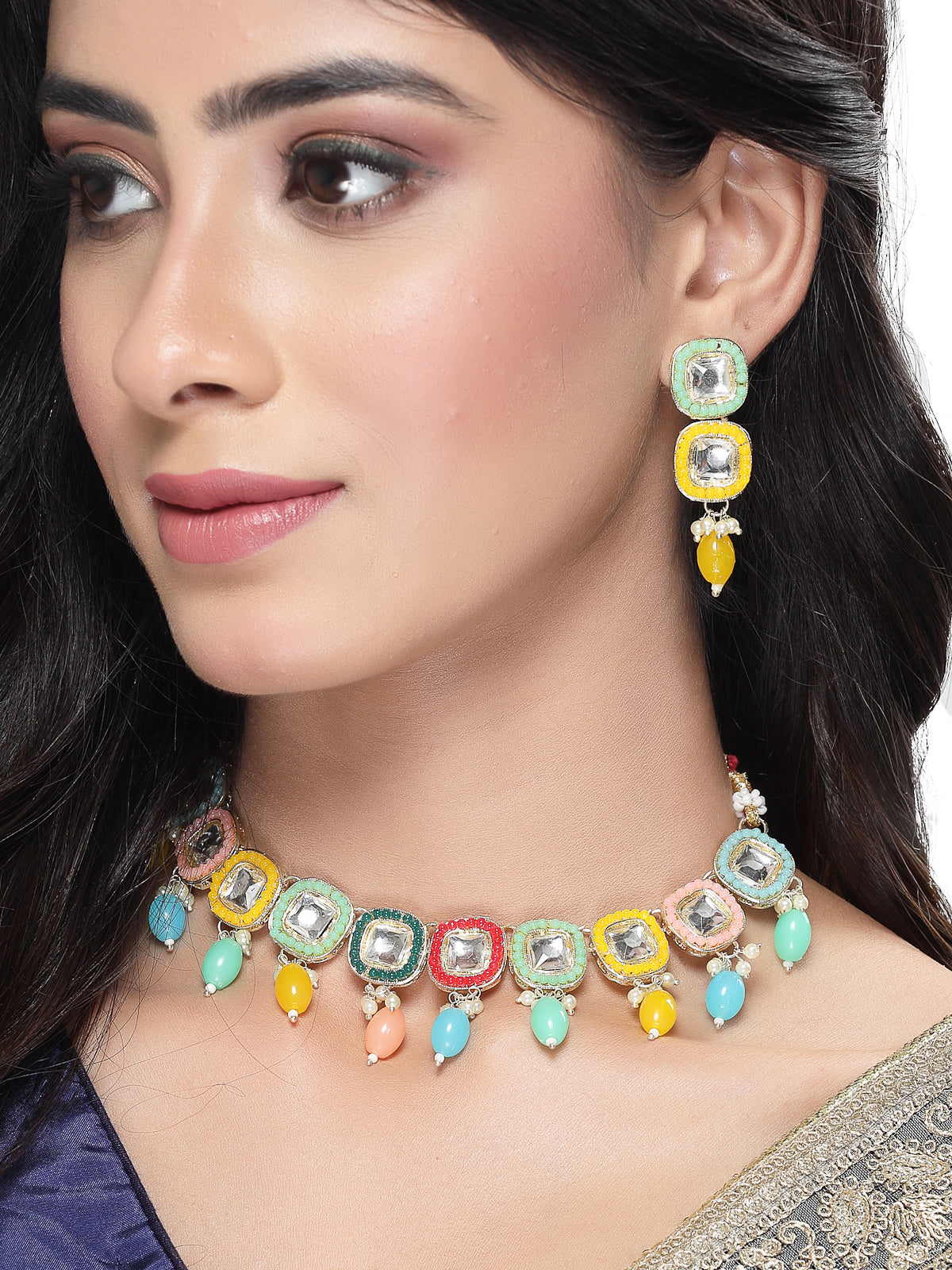 Studio Sukkhi Drop-Dead Gold Plated Multi Stone & Beads Choker Necklace Set For Women NS105808