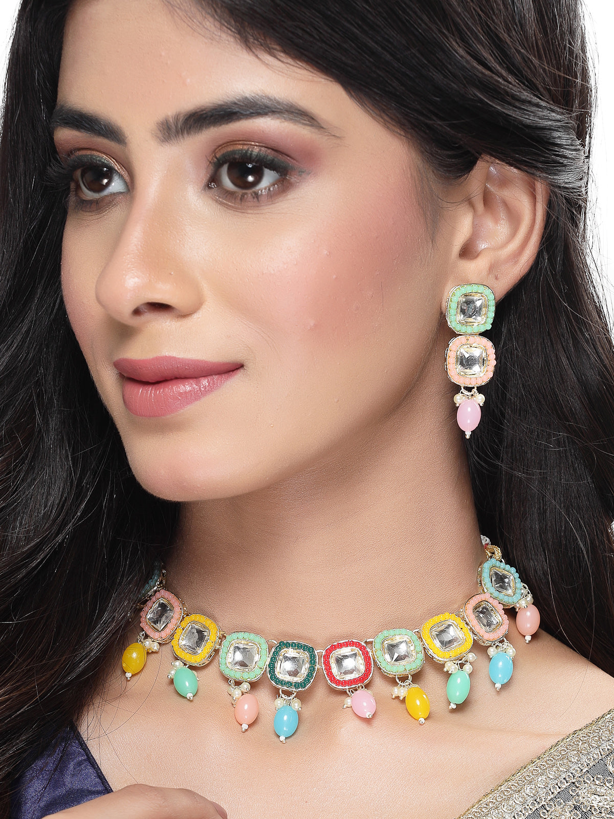 Studio Sukkhi Fanciable Gold Plated Multi Stone & Beads Choker Necklace Set For Women NS105809