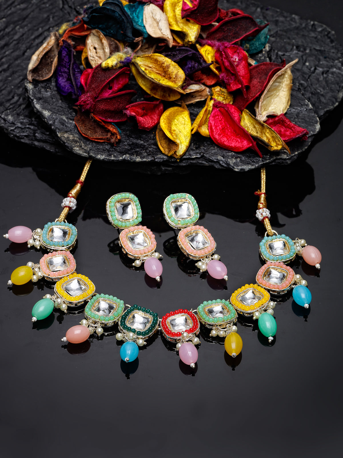 Studio Sukkhi Fanciable Gold Plated Multi Stone & Beads Choker Necklace Set For Women NS105809