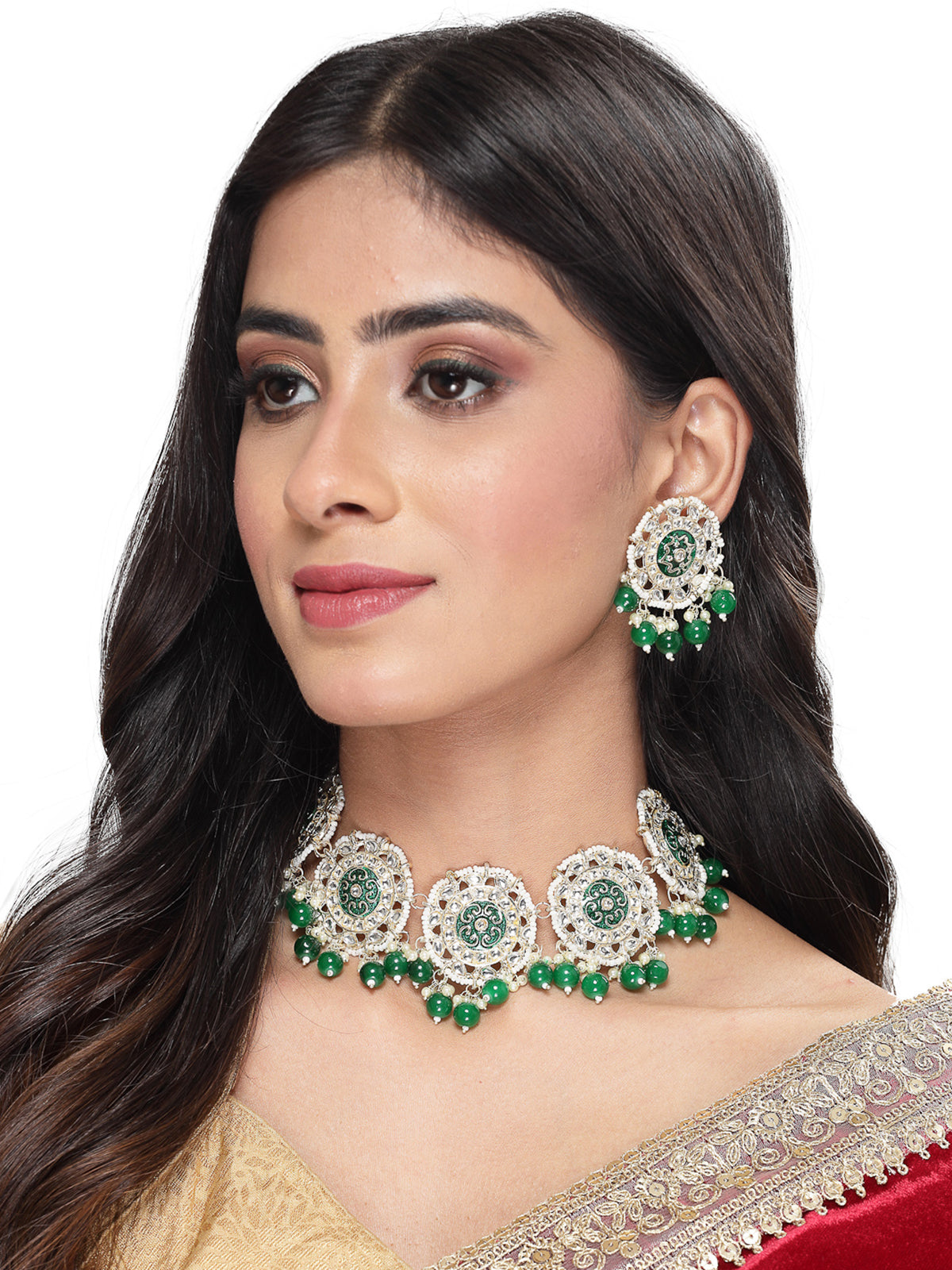 Studio Sukkhi Beddable Gold Plated Green Kundan & Beads Choker Necklace Set For Women NS105810