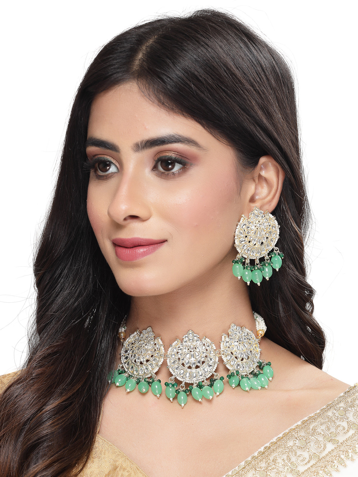 Studio Sukkhi Easy Gold Plated Green Kundan & Beads Choker Necklace Set For Women NS105811