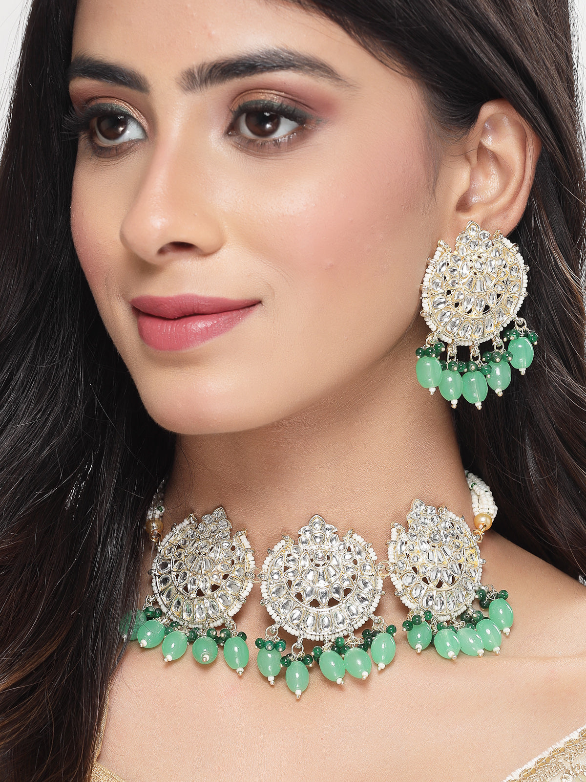 Studio Sukkhi Easy Gold Plated Green Kundan & Beads Choker Necklace Set For Women NS105811