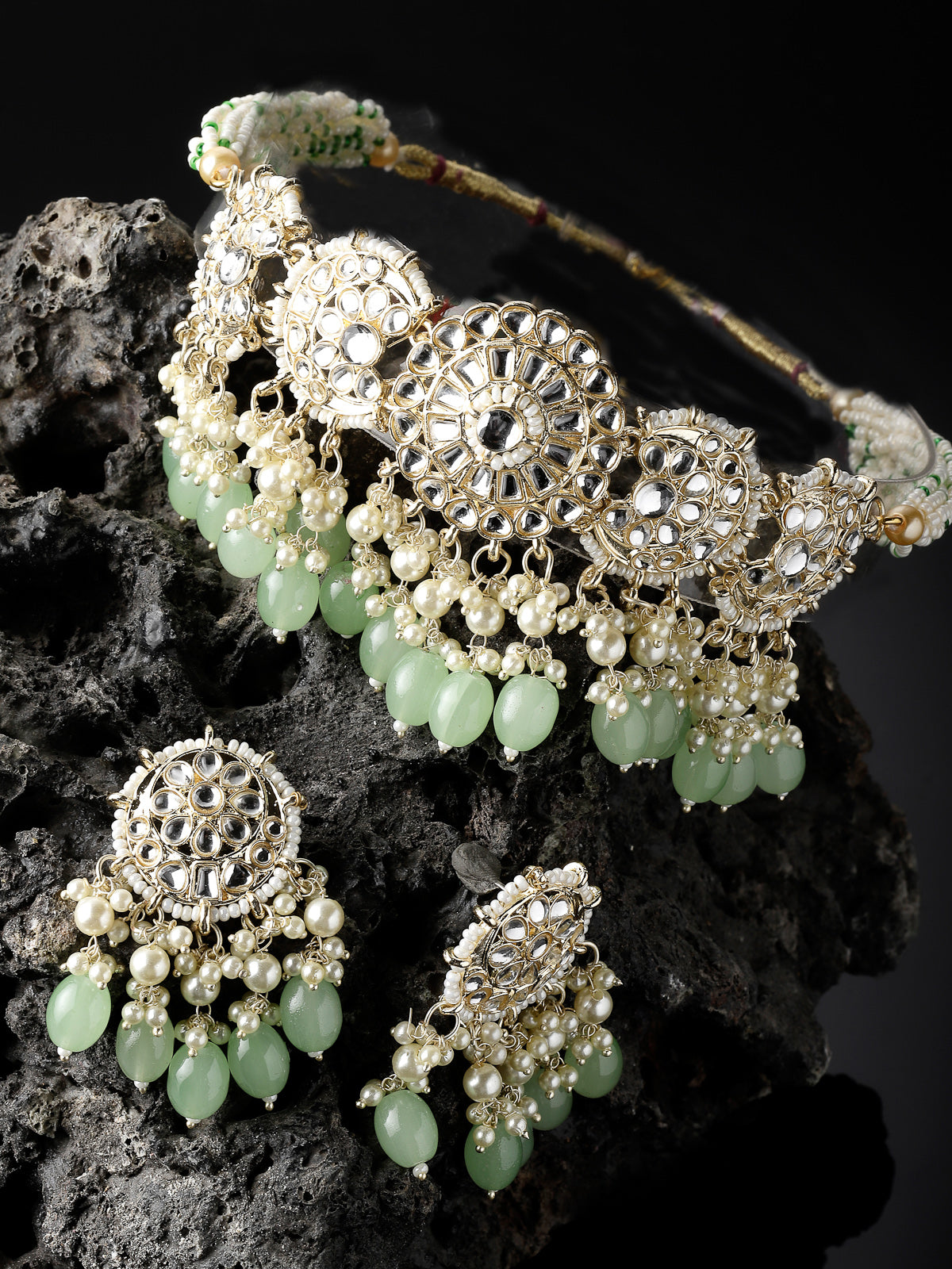 Studio Sukkhi Artisanal Gold Plated Mint Green Kundan & Beads Choker Necklace Set For Women NS105813