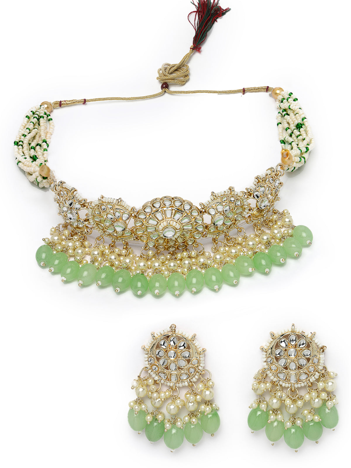 Studio Sukkhi Artisanal Gold Plated Mint Green Kundan & Beads Choker Necklace Set For Women NS105813