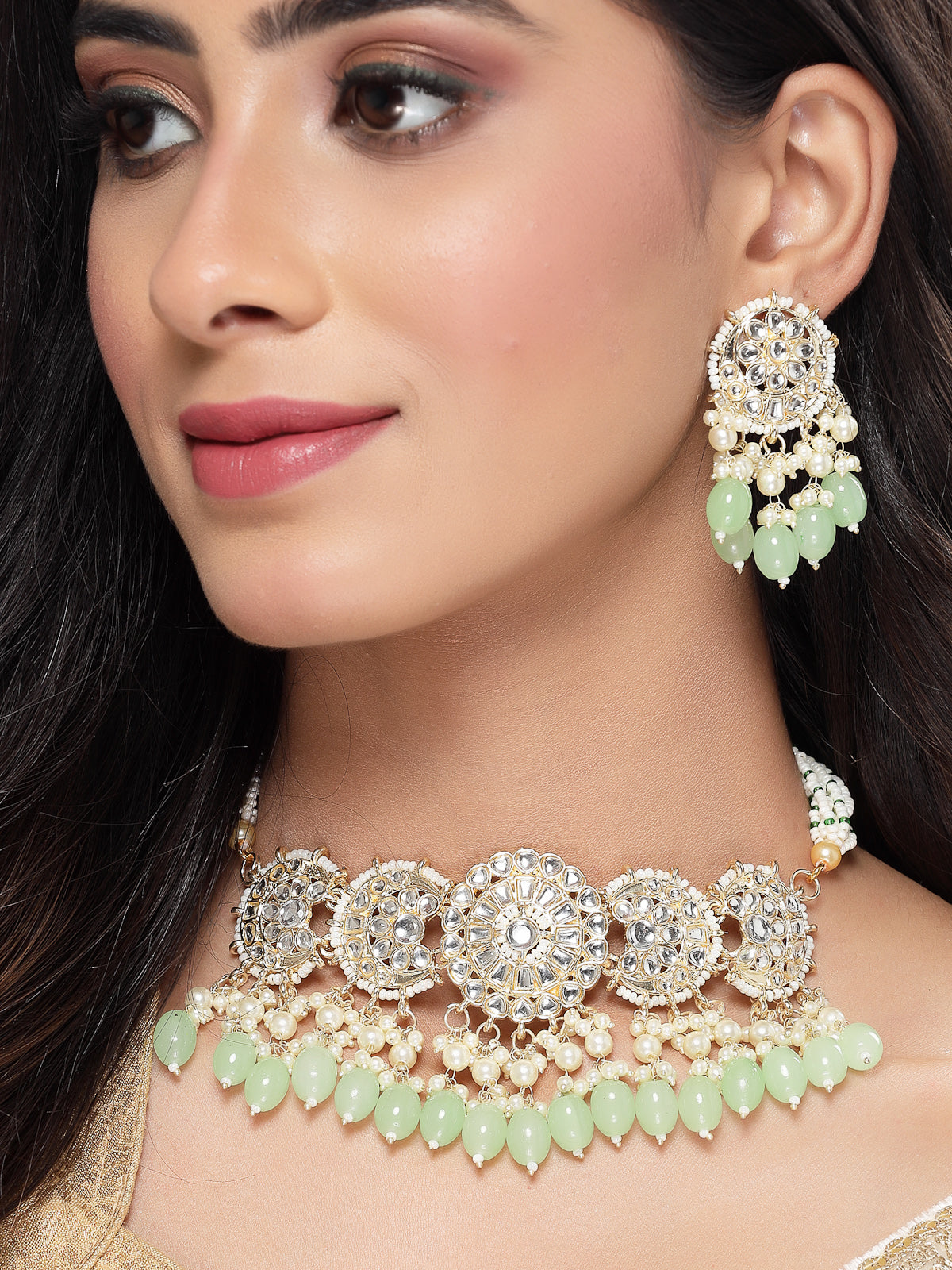 Studio Sukkhi Artisanal Gold Plated Mint Green Kundan & Beads Choker Necklace Set For Women NS105813