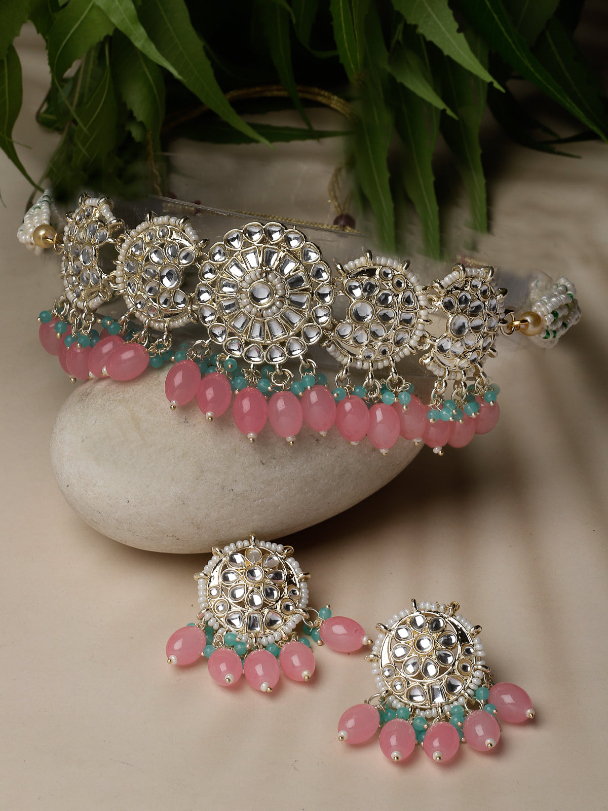 Studio Sukkhi All-Season Gold Plated Pink Kundan & Beads Choker Necklace Set For Women NS105814