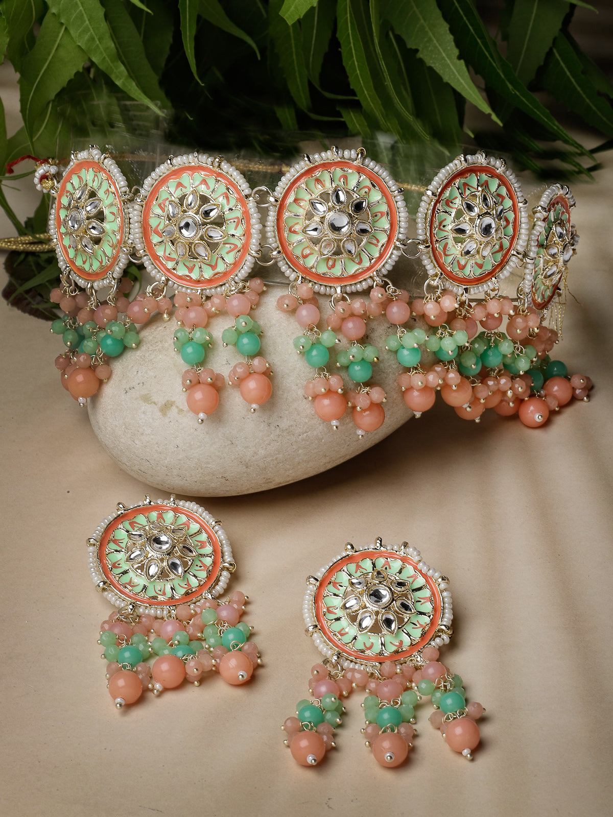 Studio Sukkhi Alluring Gold Plated Mint Green & Pink Kundan & Beads Choker Necklace Set For Women NS105815