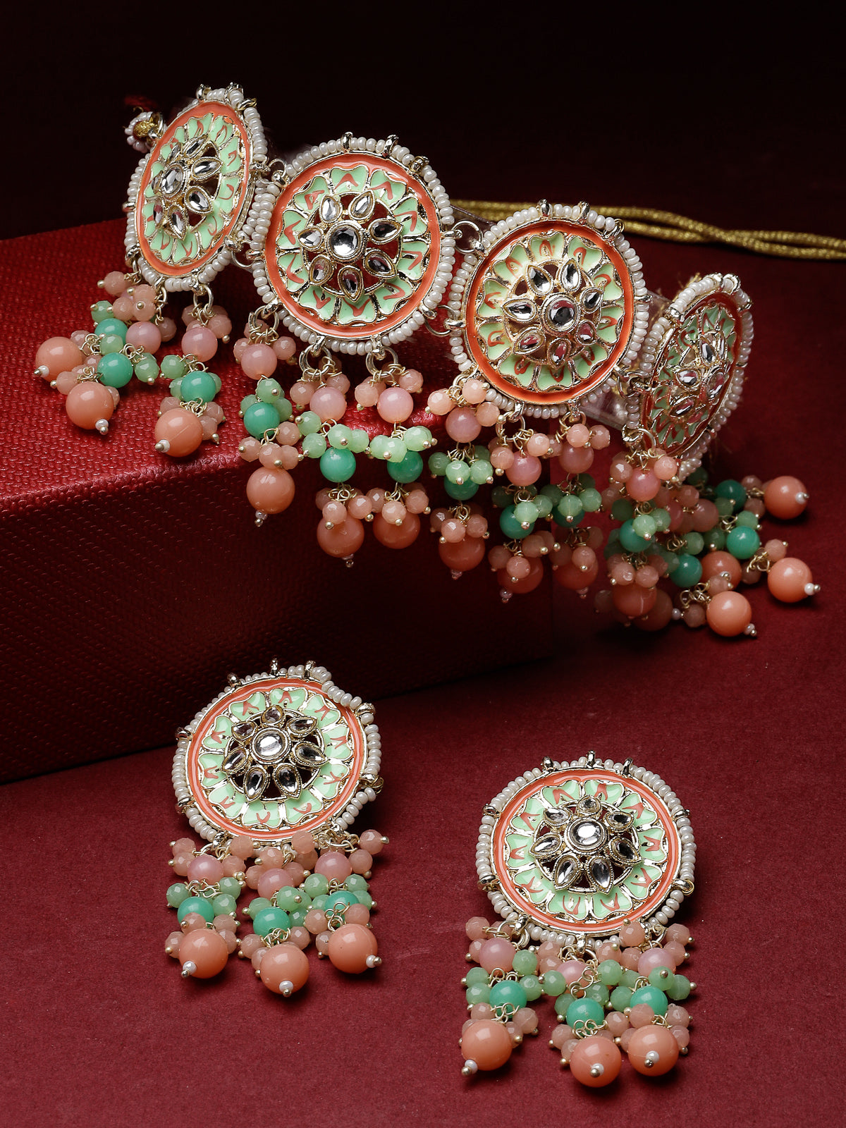 Studio Sukkhi Alluring Gold Plated Mint Green & Pink Kundan & Beads Choker Necklace Set For Women NS105815