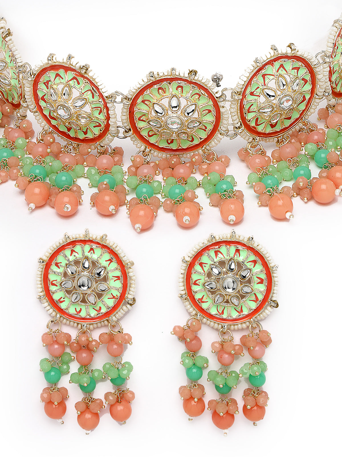 Studio Sukkhi Alluring Gold Plated Mint Green & Pink Kundan & Beads Choker Necklace Set For Women NS105815