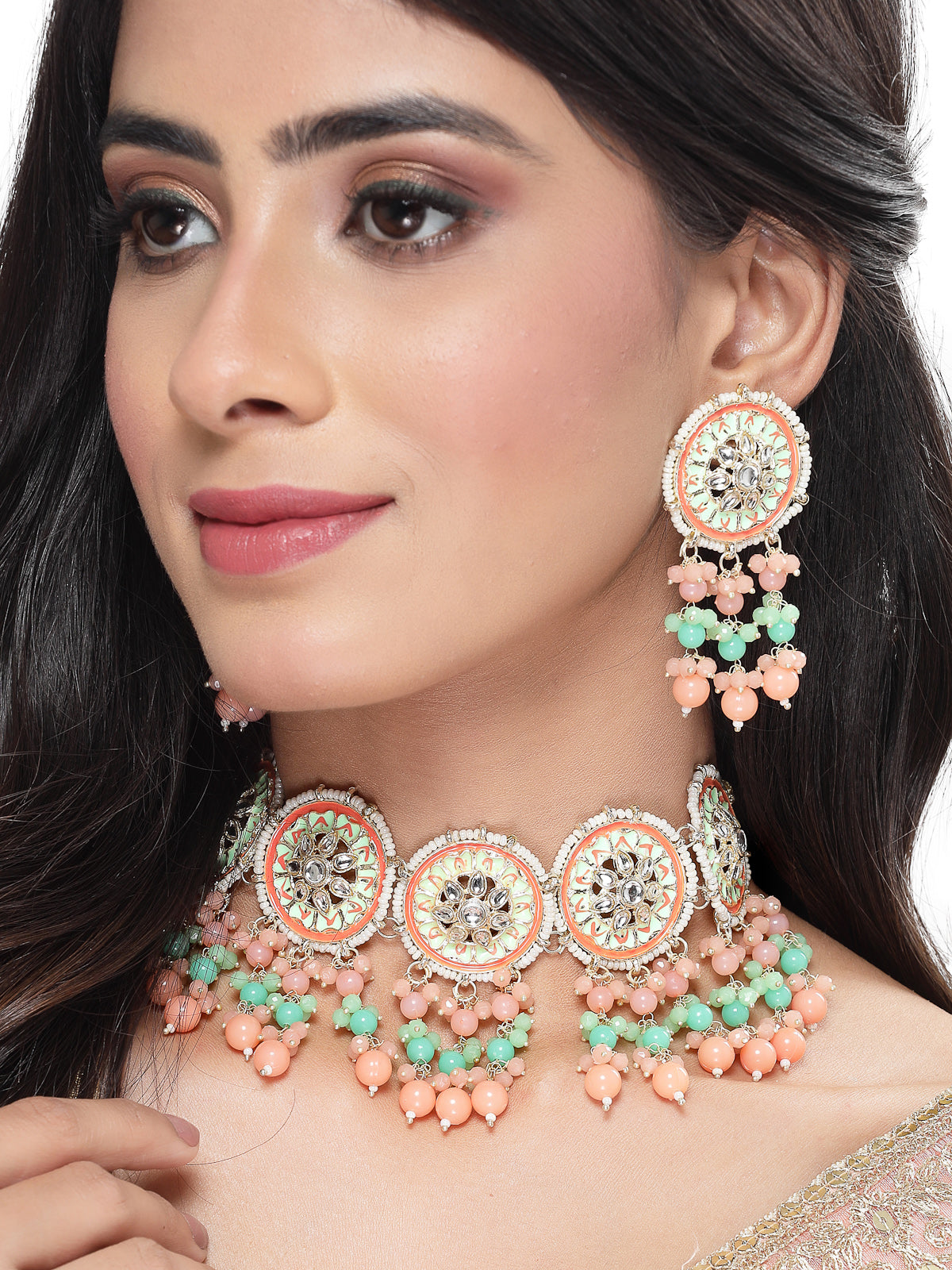 Studio Sukkhi Alluring Gold Plated Mint Green & Pink Kundan & Beads Choker Necklace Set For Women NS105815