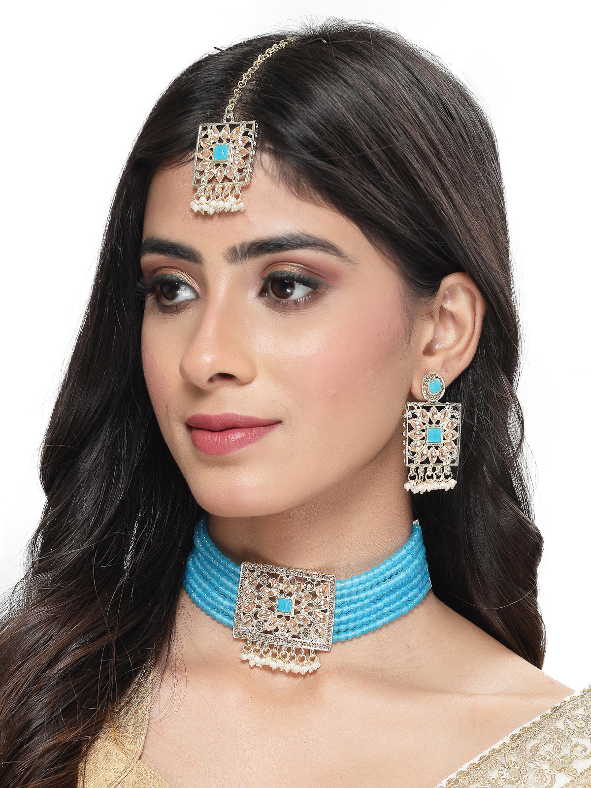 Studio Sukkhi Lovely Gold Plated Aqua Blue Kundan & Beads Choker Necklace Set For Women NS105816