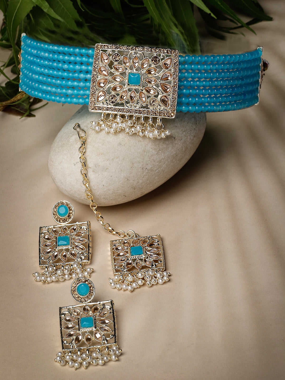 Studio Sukkhi Lovely Gold Plated Aqua Blue Kundan & Beads Choker Necklace Set For Women NS105816
