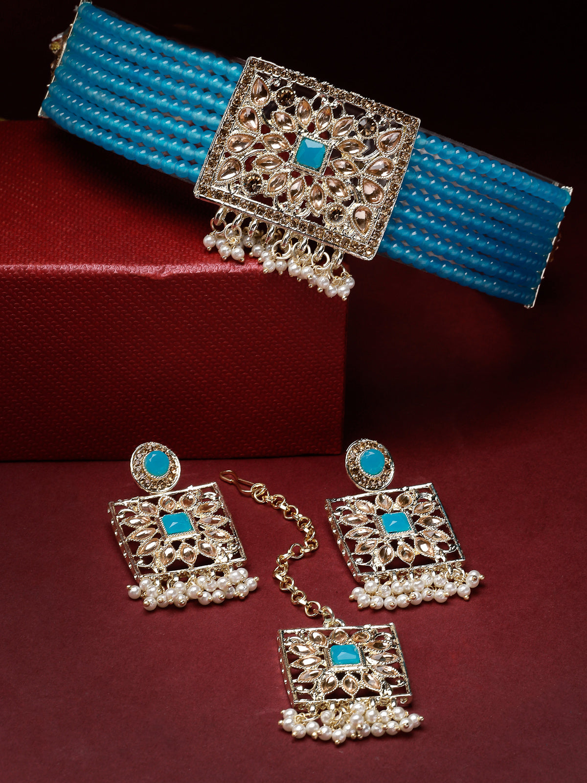 Studio Sukkhi Lovely Gold Plated Aqua Blue Kundan & Beads Choker Necklace Set For Women NS105816