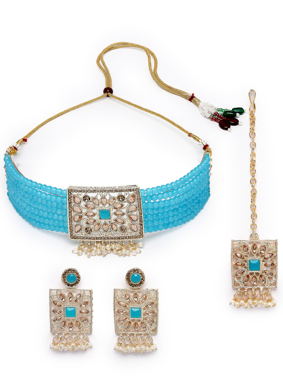 Studio Sukkhi Lovely Gold Plated Aqua Blue Kundan & Beads Choker Necklace Set For Women NS105816
