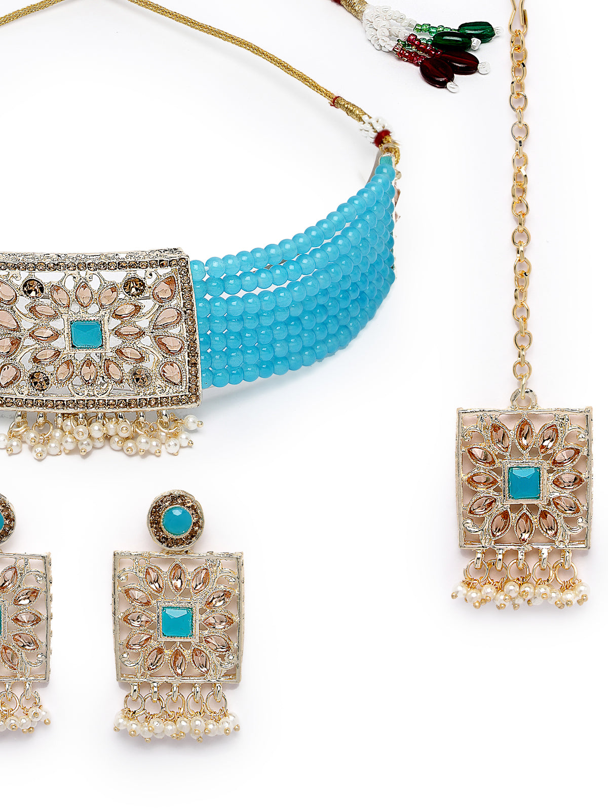 Studio Sukkhi Lovely Gold Plated Aqua Blue Kundan & Beads Choker Necklace Set For Women NS105816