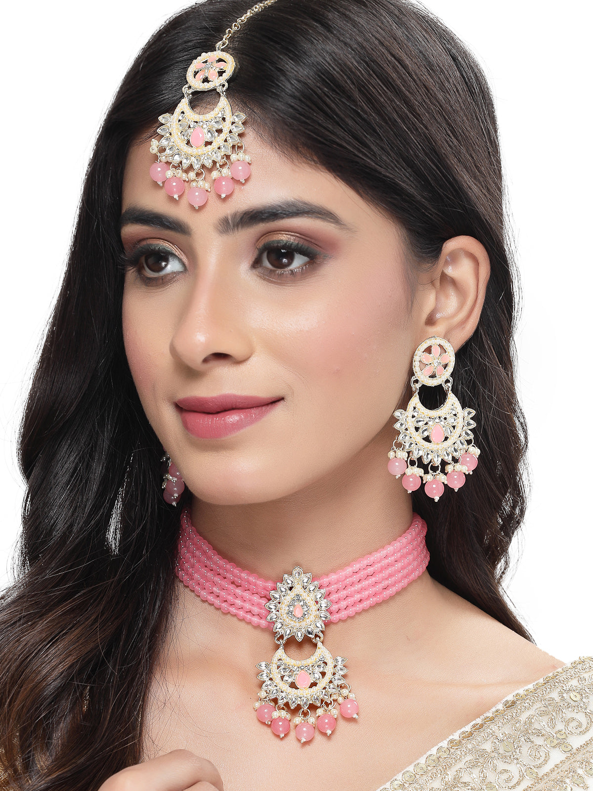 Studio Sukkhi Delightful Gold Plated Pink Kundan & Beads Choker Necklace Set For Women NS105817