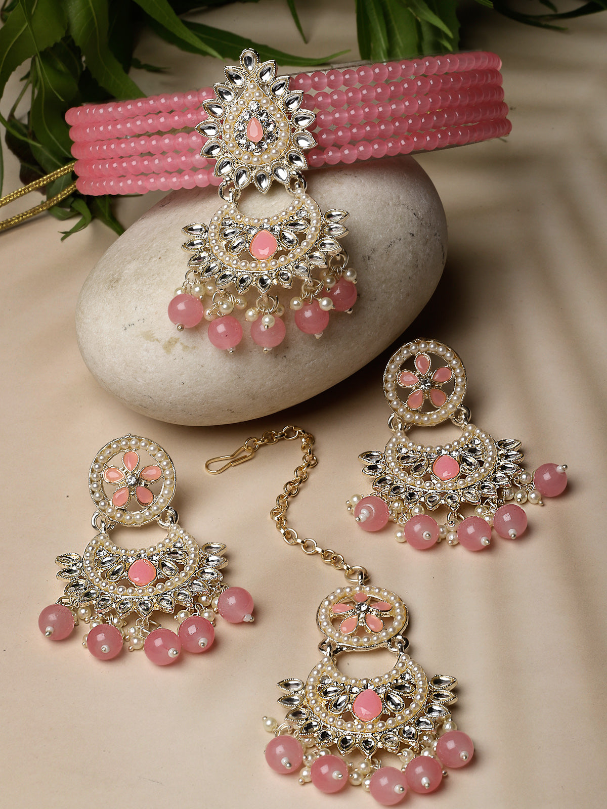 Studio Sukkhi Delightful Gold Plated Pink Kundan & Beads Choker Necklace Set For Women NS105817