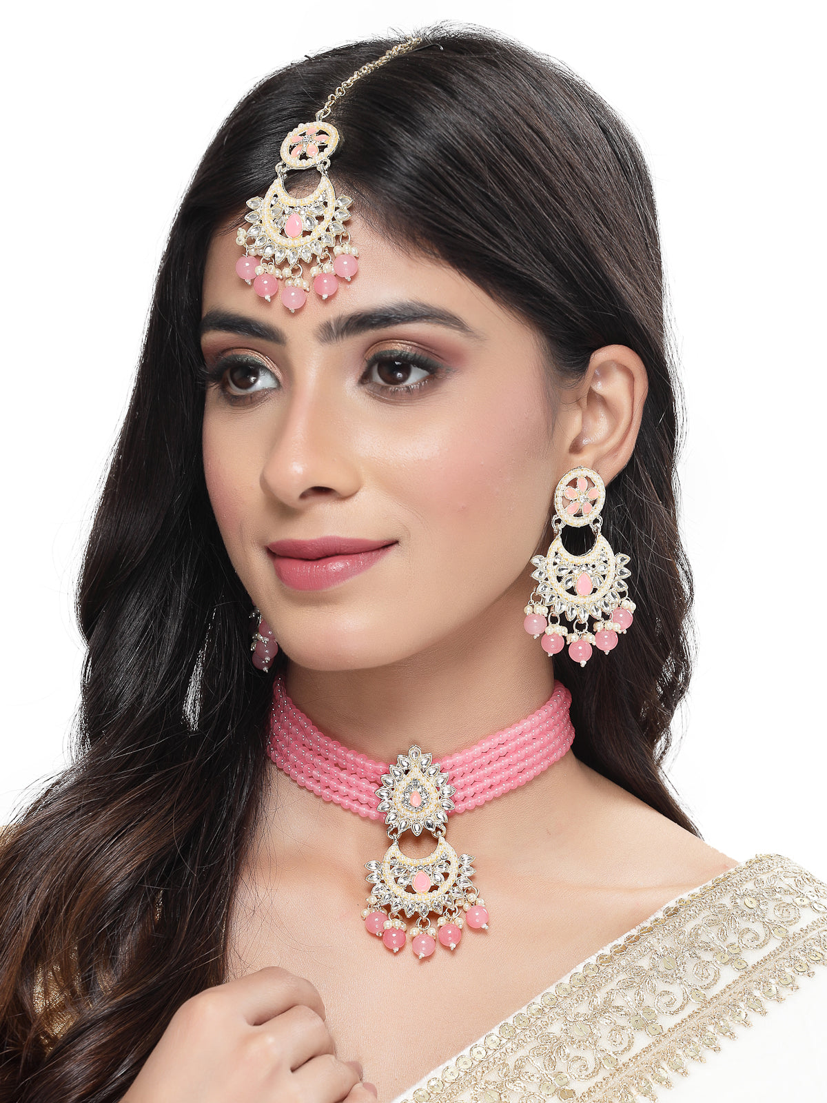 Studio Sukkhi Delightful Gold Plated Pink Kundan & Beads Choker Necklace Set For Women NS105817