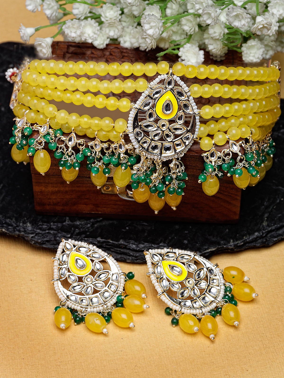 Studio Sukkhi Alluring Gold Plated Yellow & Green Kundan & Beads Choker Necklace Set For Women NS105818