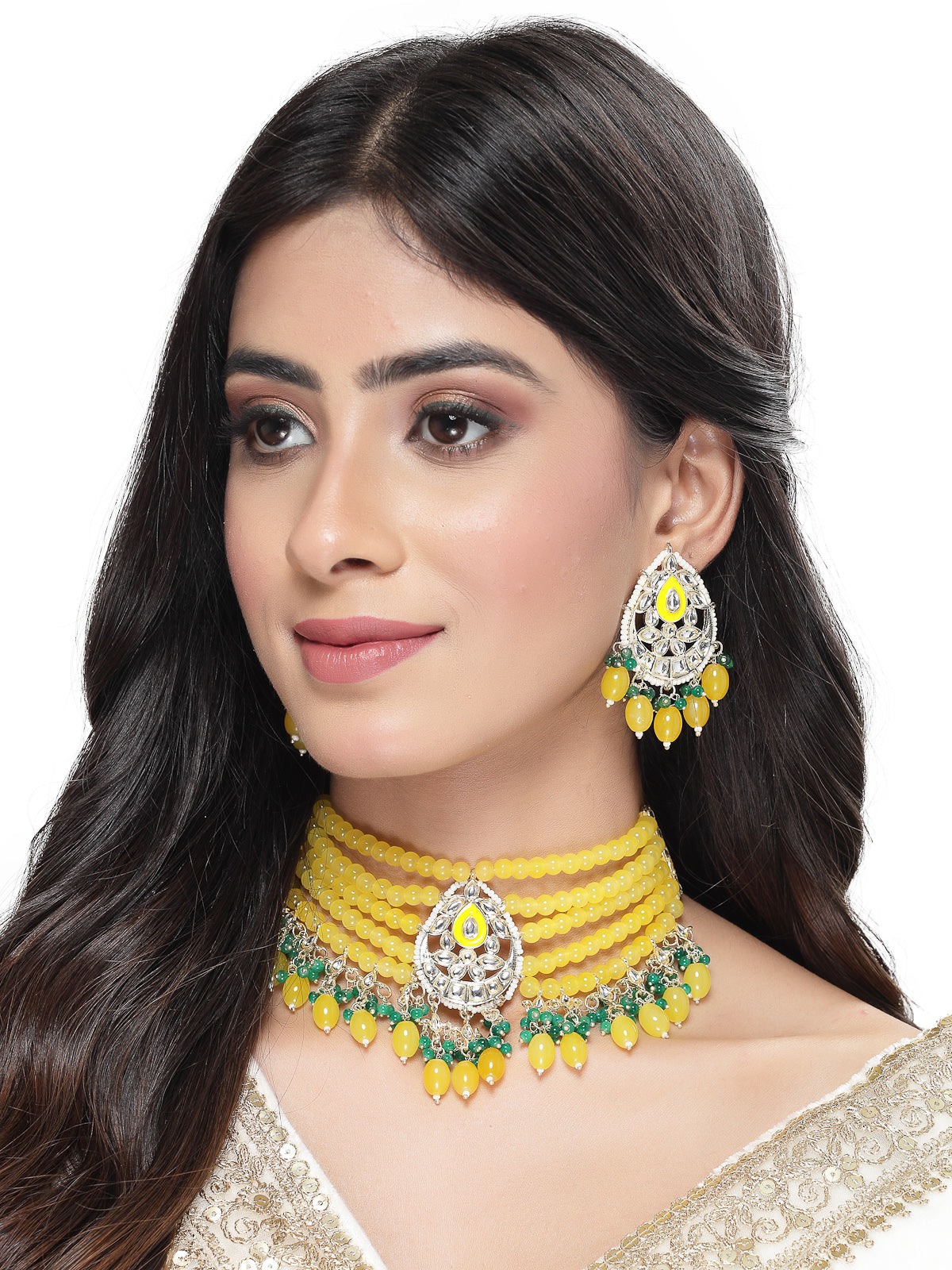 Studio Sukkhi Alluring Gold Plated Yellow & Green Kundan & Beads Choker Necklace Set For Women NS105818