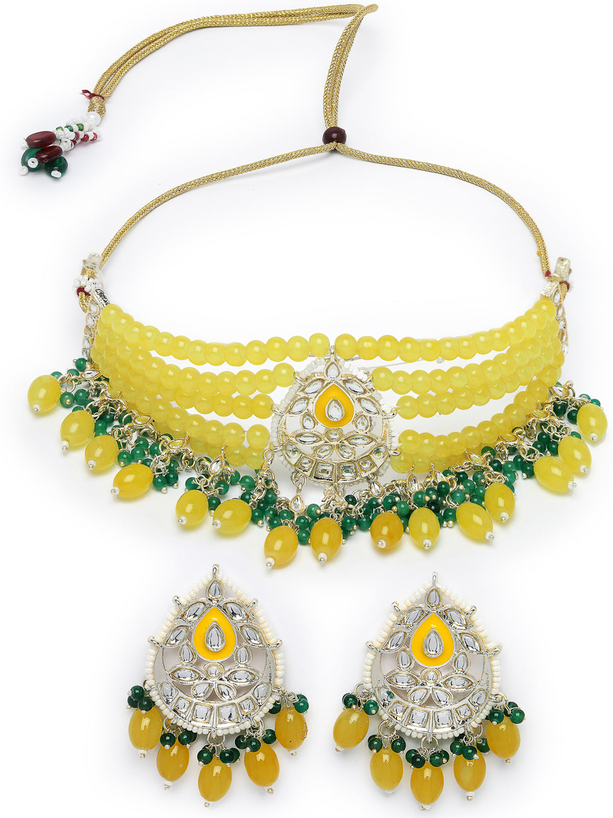 Studio Sukkhi Alluring Gold Plated Yellow & Green Kundan & Beads Choker Necklace Set For Women NS105818