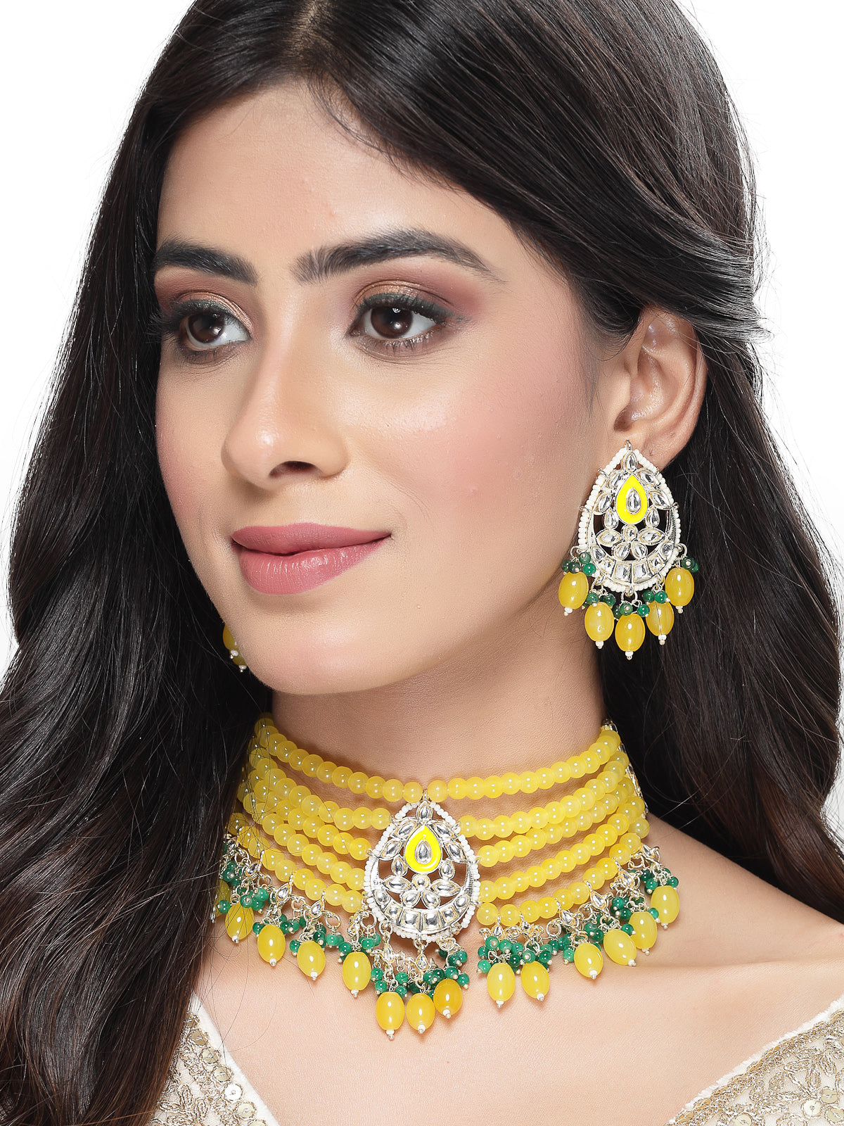 Studio Sukkhi Alluring Gold Plated Yellow & Green Kundan & Beads Choker Necklace Set For Women NS105818