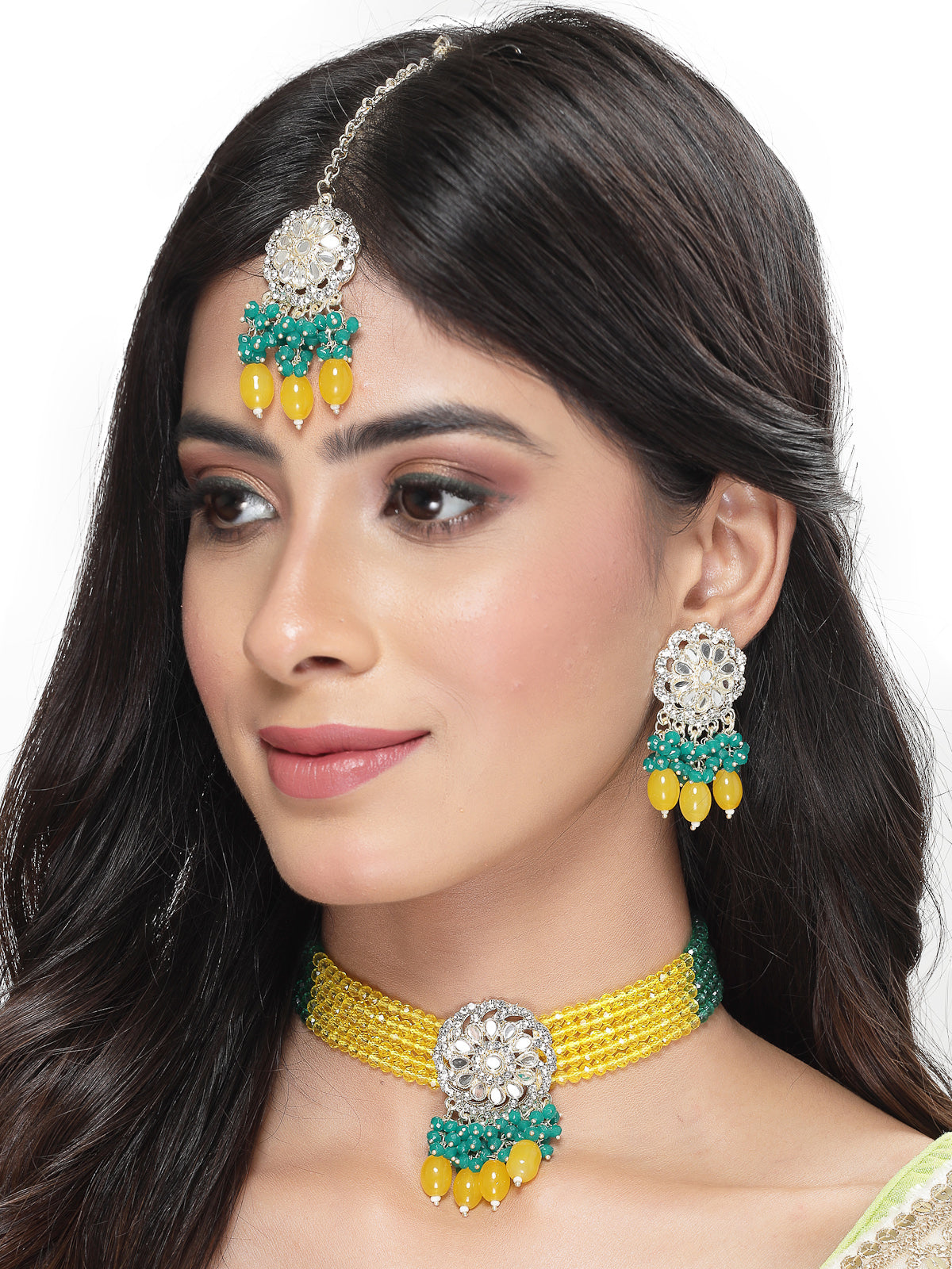 Studio Sukkhi Lively Gold Plated Yellow & Green Kundan & Beads Choker Necklace Set For Women NS105819