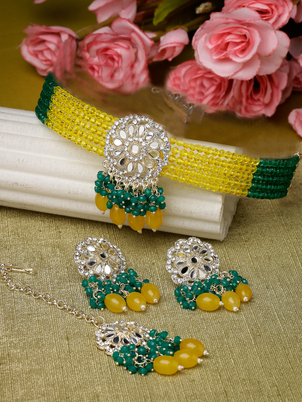 Studio Sukkhi Lively Gold Plated Yellow & Green Kundan & Beads Choker Necklace Set For Women NS105819