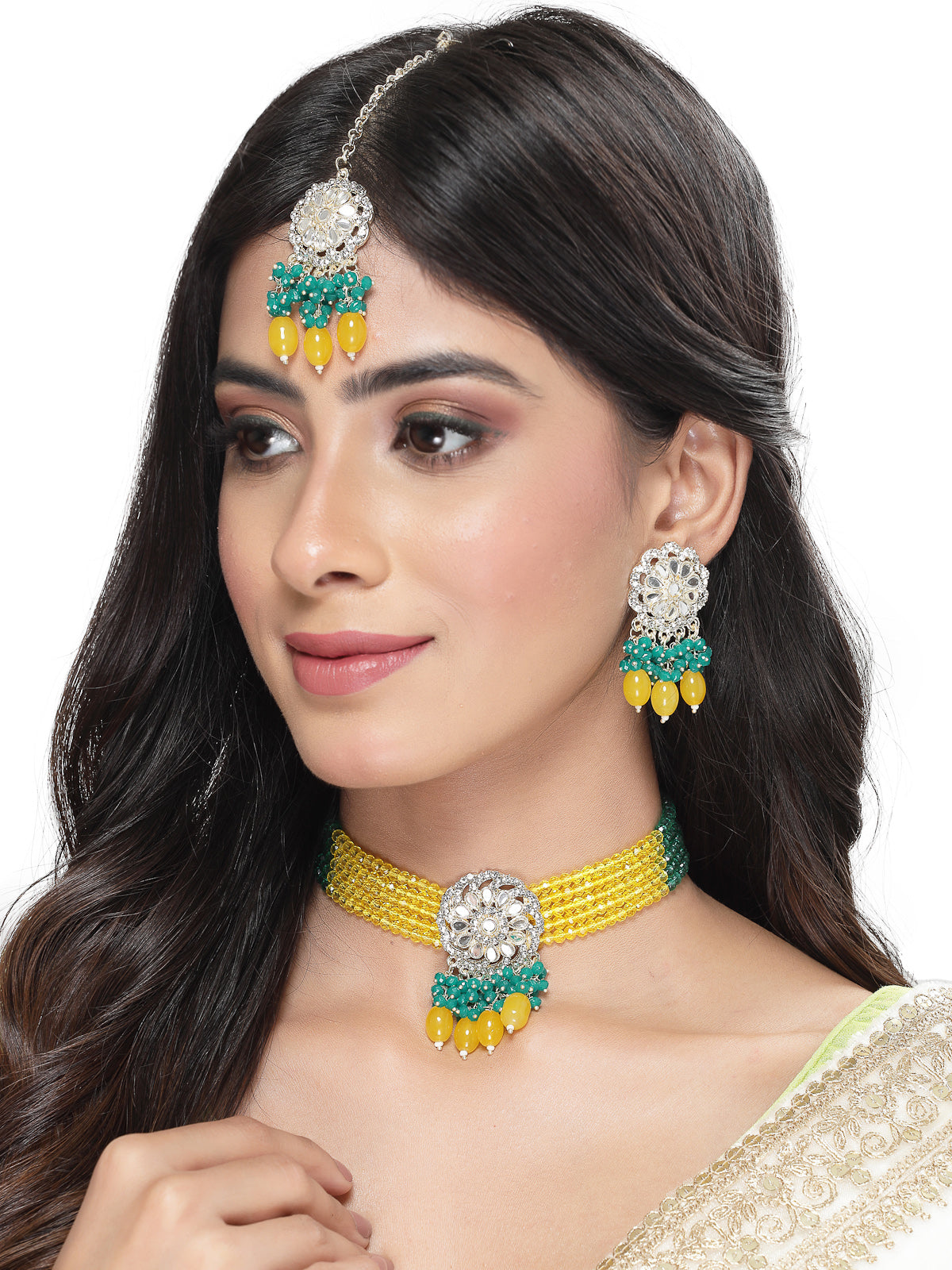 Studio Sukkhi Lively Gold Plated Yellow & Green Kundan & Beads Choker Necklace Set For Women NS105819
