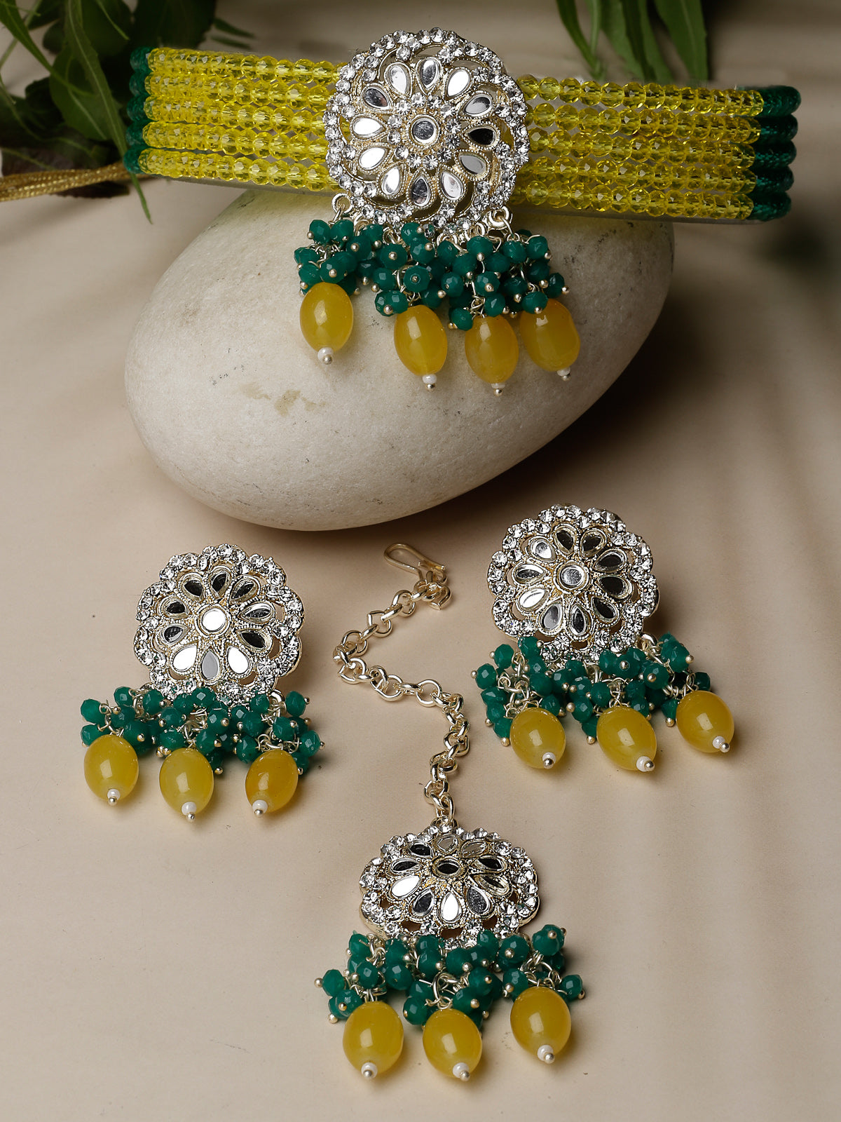 Studio Sukkhi Lively Gold Plated Yellow & Green Kundan & Beads Choker Necklace Set For Women NS105819