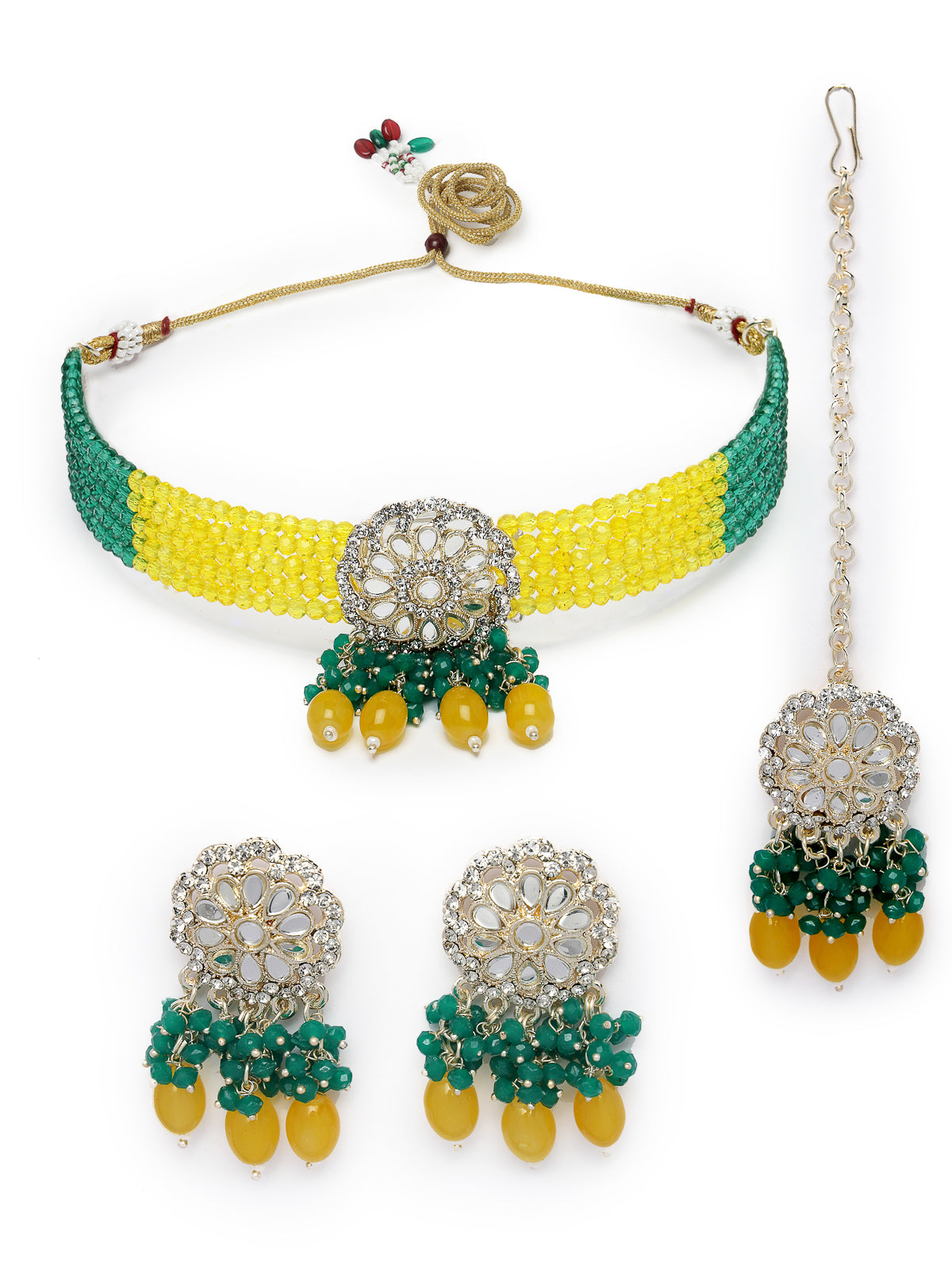 Studio Sukkhi Lively Gold Plated Yellow & Green Kundan & Beads Choker Necklace Set For Women NS105819