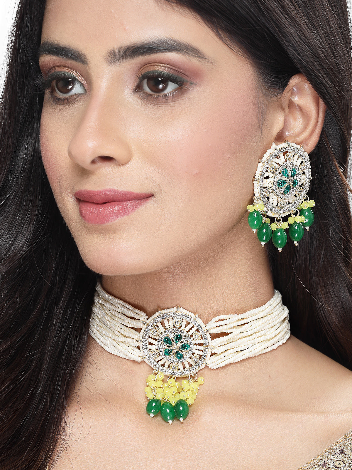 Studio Sukkhi Stunning Gold Plated Yellow & Green Kundan & Beads Multistrand Choker Necklace Set For Women NS105820