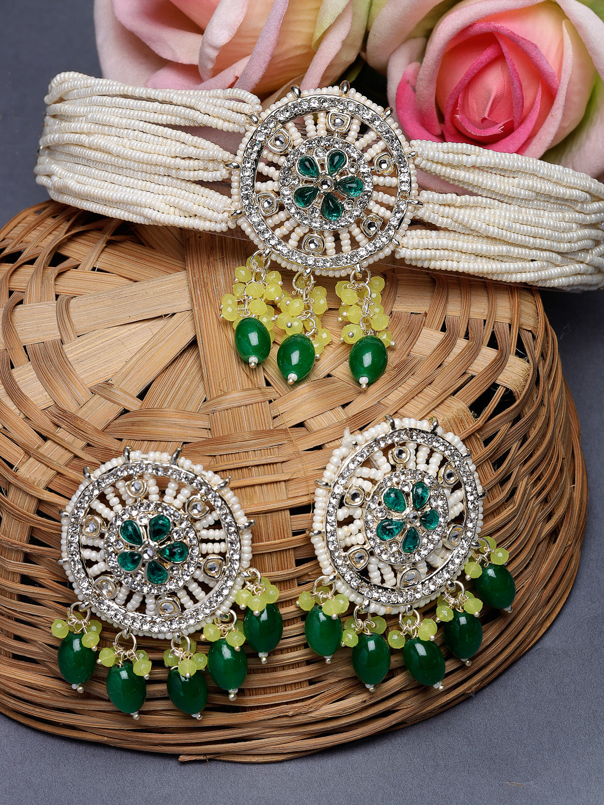 Studio Sukkhi Stunning Gold Plated Yellow & Green Kundan & Beads Multistrand Choker Necklace Set For Women NS105820