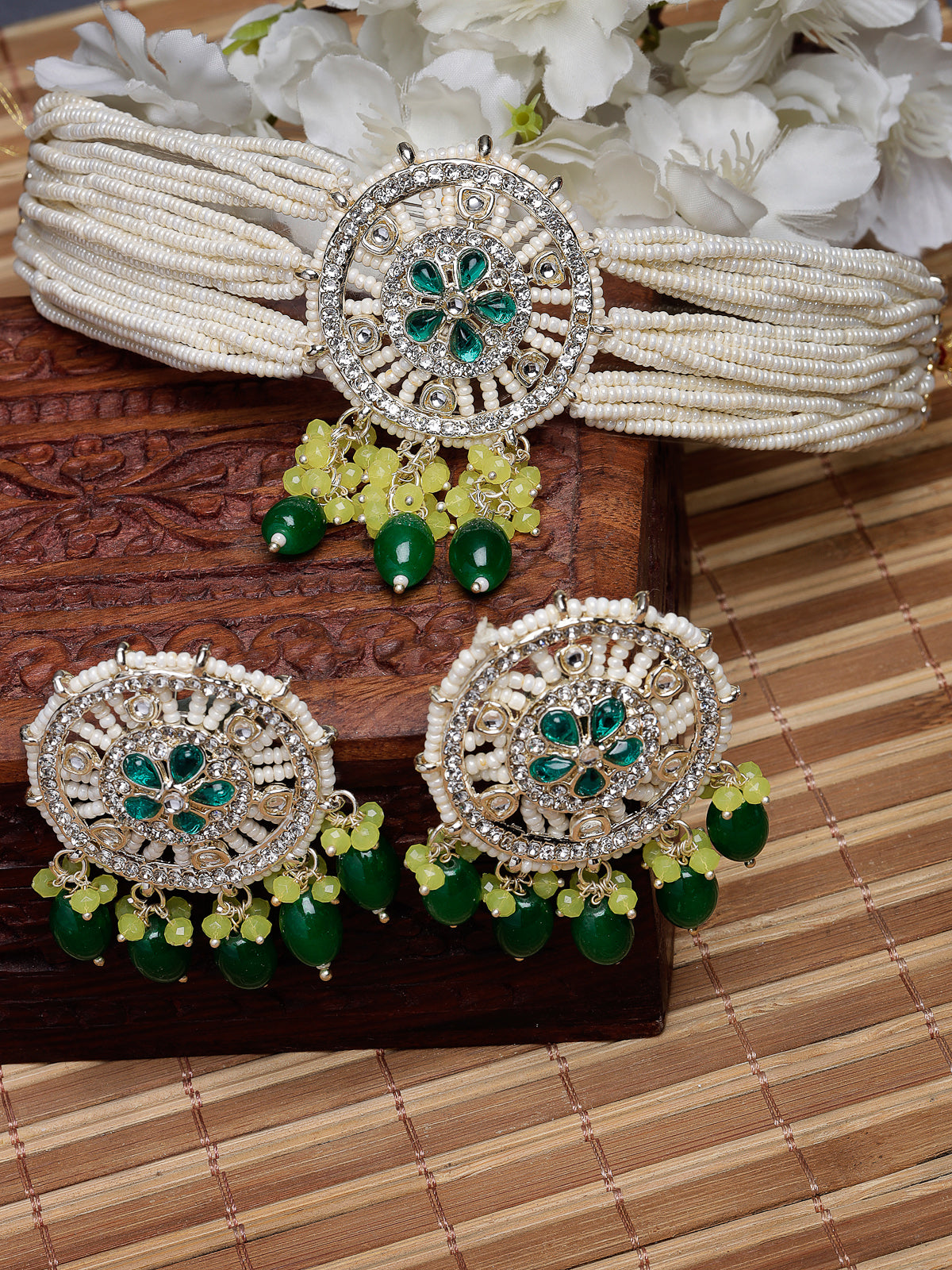 Studio Sukkhi Stunning Gold Plated Yellow & Green Kundan & Beads Multistrand Choker Necklace Set For Women NS105820