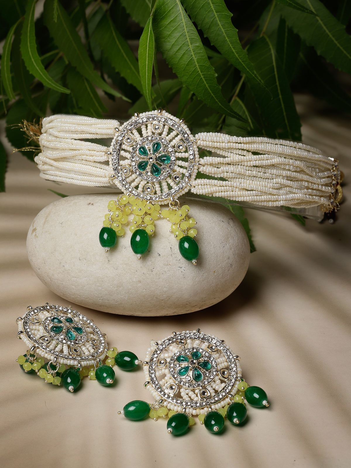Studio Sukkhi Stunning Gold Plated Yellow & Green Kundan & Beads Multistrand Choker Necklace Set For Women NS105820