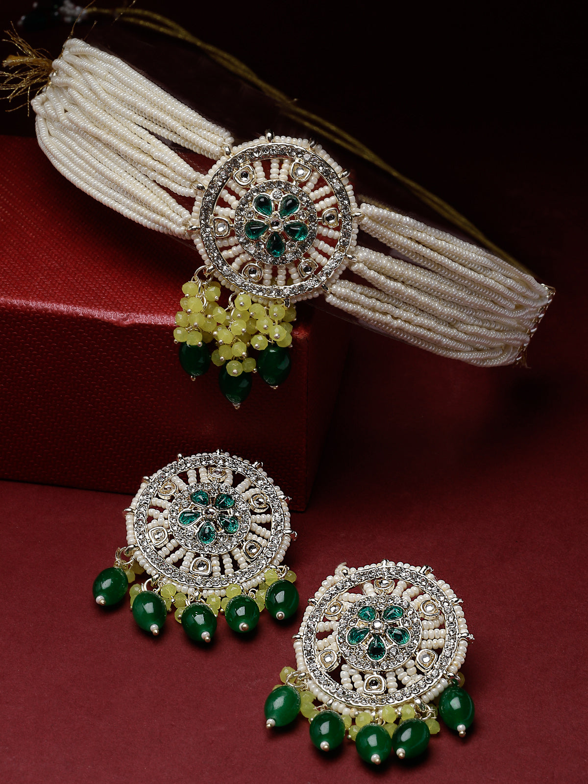 Studio Sukkhi Stunning Gold Plated Yellow & Green Kundan & Beads Multistrand Choker Necklace Set For Women NS105820