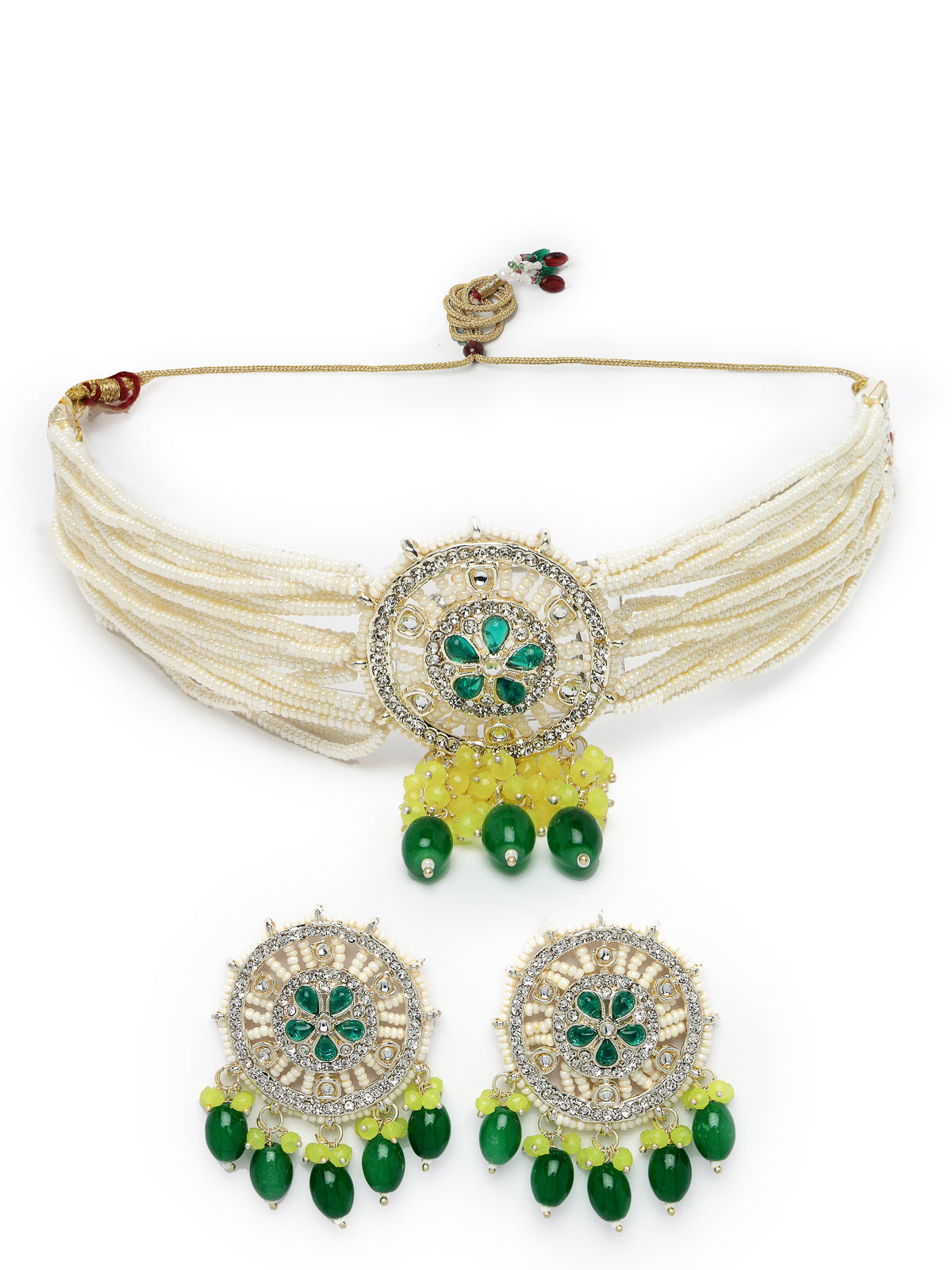 Studio Sukkhi Stunning Gold Plated Yellow & Green Kundan & Beads Multistrand Choker Necklace Set For Women NS105820