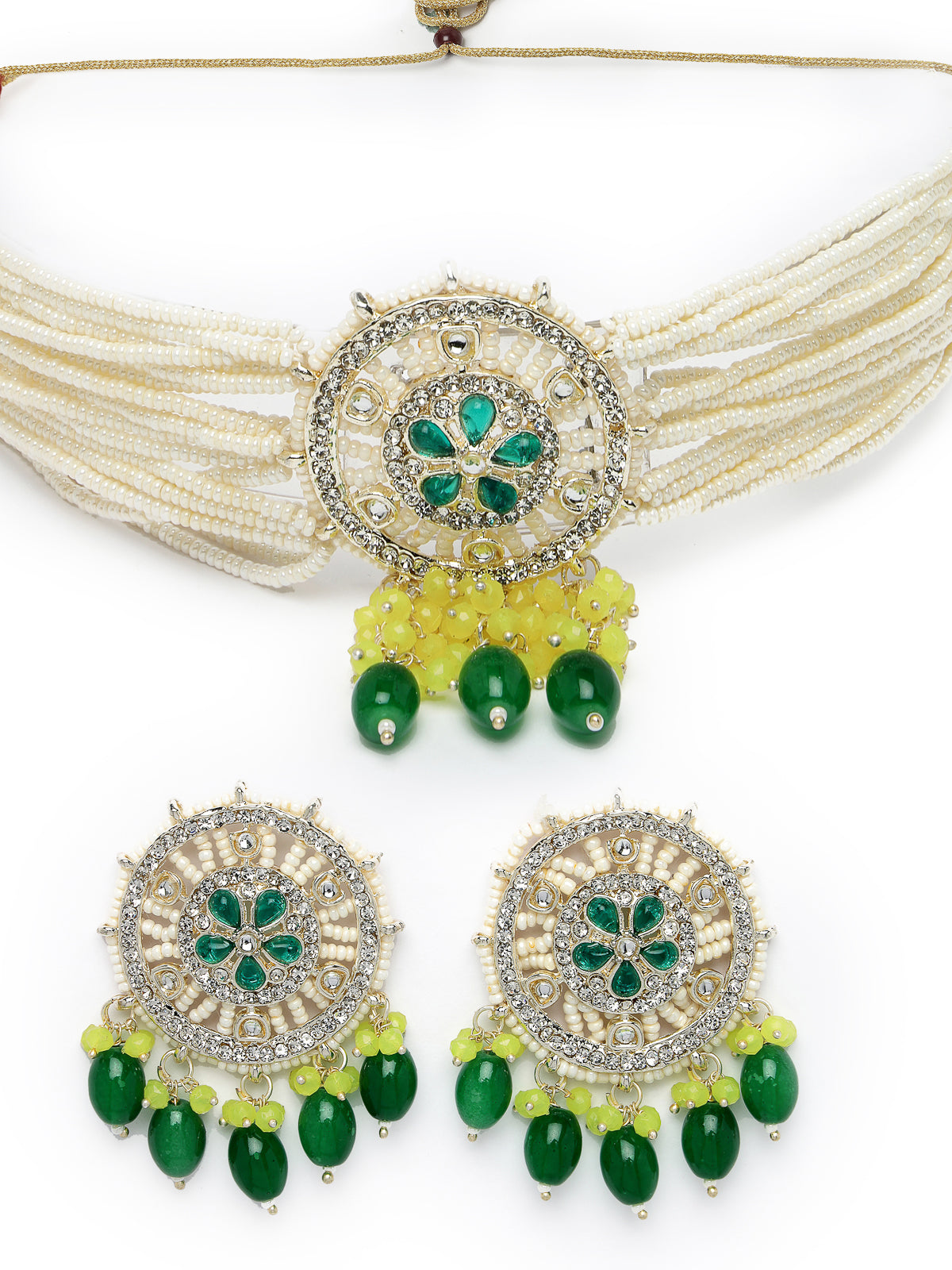Studio Sukkhi Stunning Gold Plated Yellow & Green Kundan & Beads Multistrand Choker Necklace Set For Women NS105820