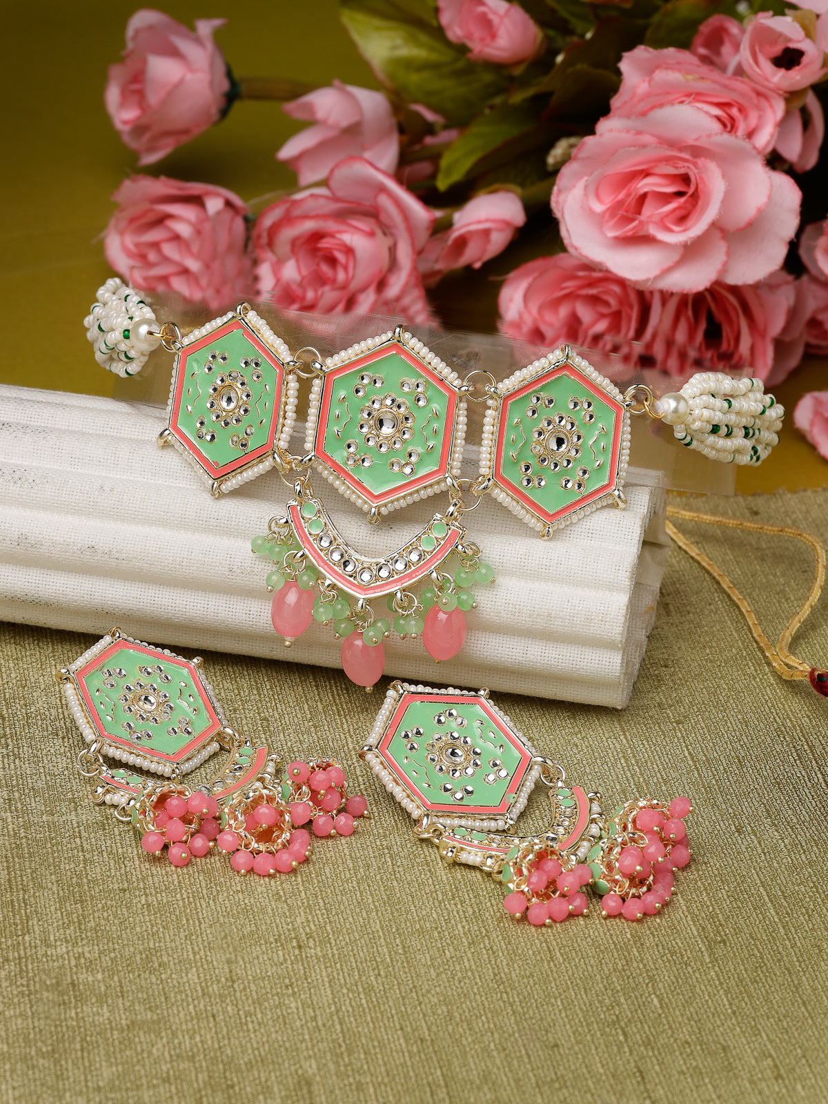 Studio Sukkhi Smashing Gold Plated Mint Green Kundan & Beads Choker Necklace Set For Women NS105821