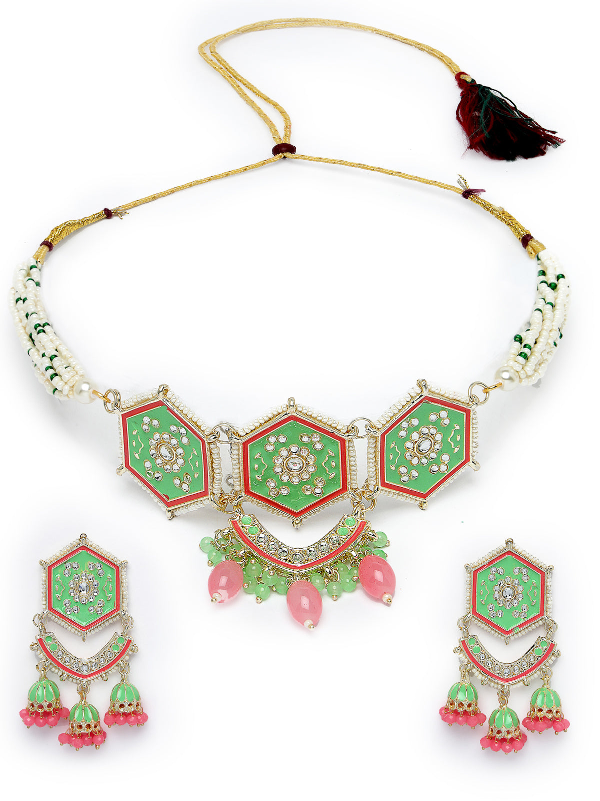Studio Sukkhi Smashing Gold Plated Mint Green Kundan & Beads Choker Necklace Set For Women NS105821